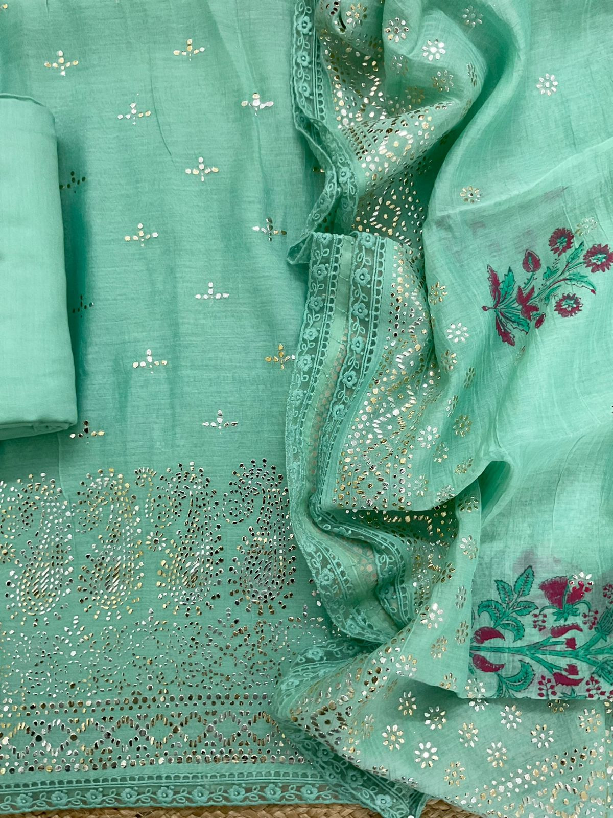 Pure Mul Chanderi Printed Embroidered Suit - Sea Green