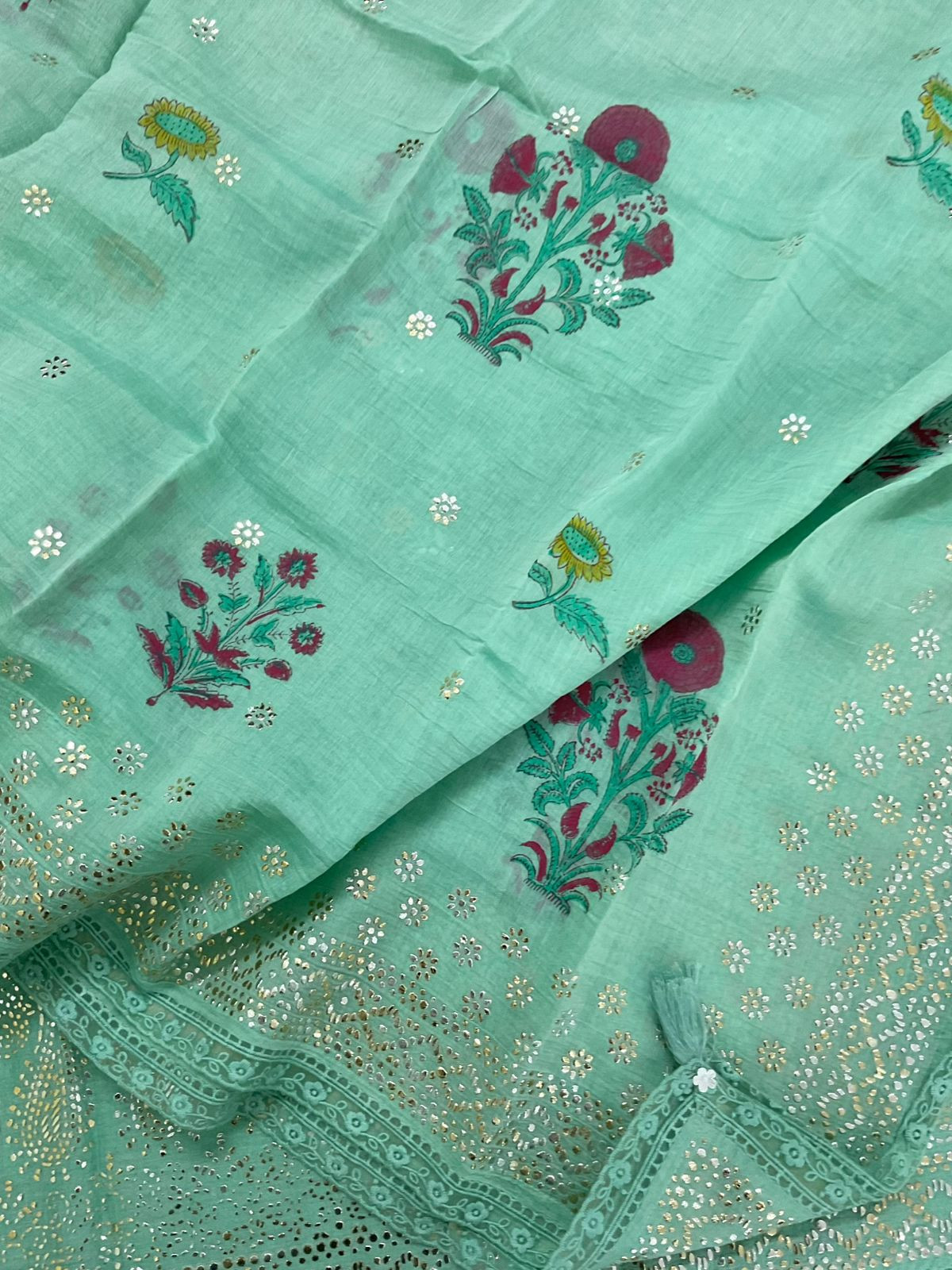 Pure Mul Chanderi Printed Embroidered Suit - Sea Green