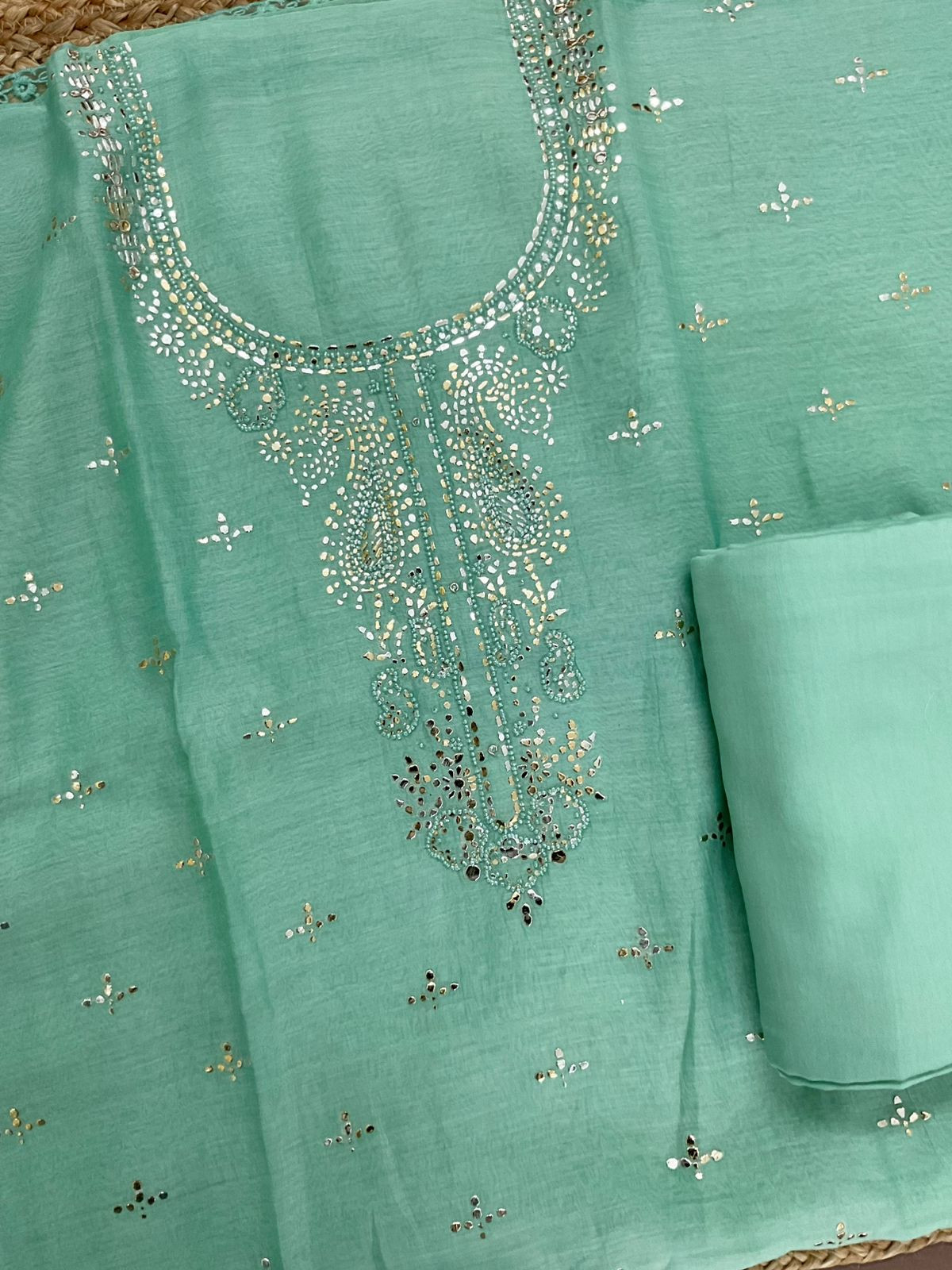 Pure Mul Chanderi Printed Embroidered Suit - Sea Green