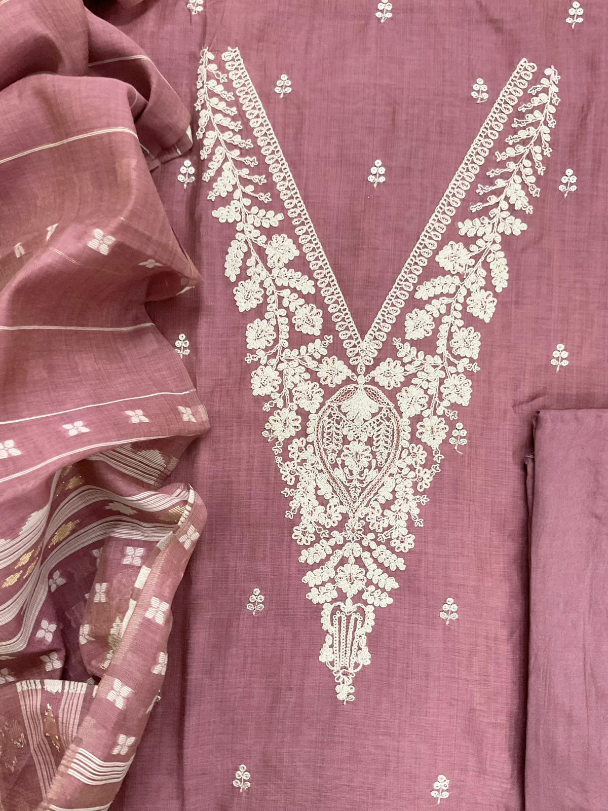 Soft Slub Chanderi Jamdani Weaved Embroidered Suit - Pink