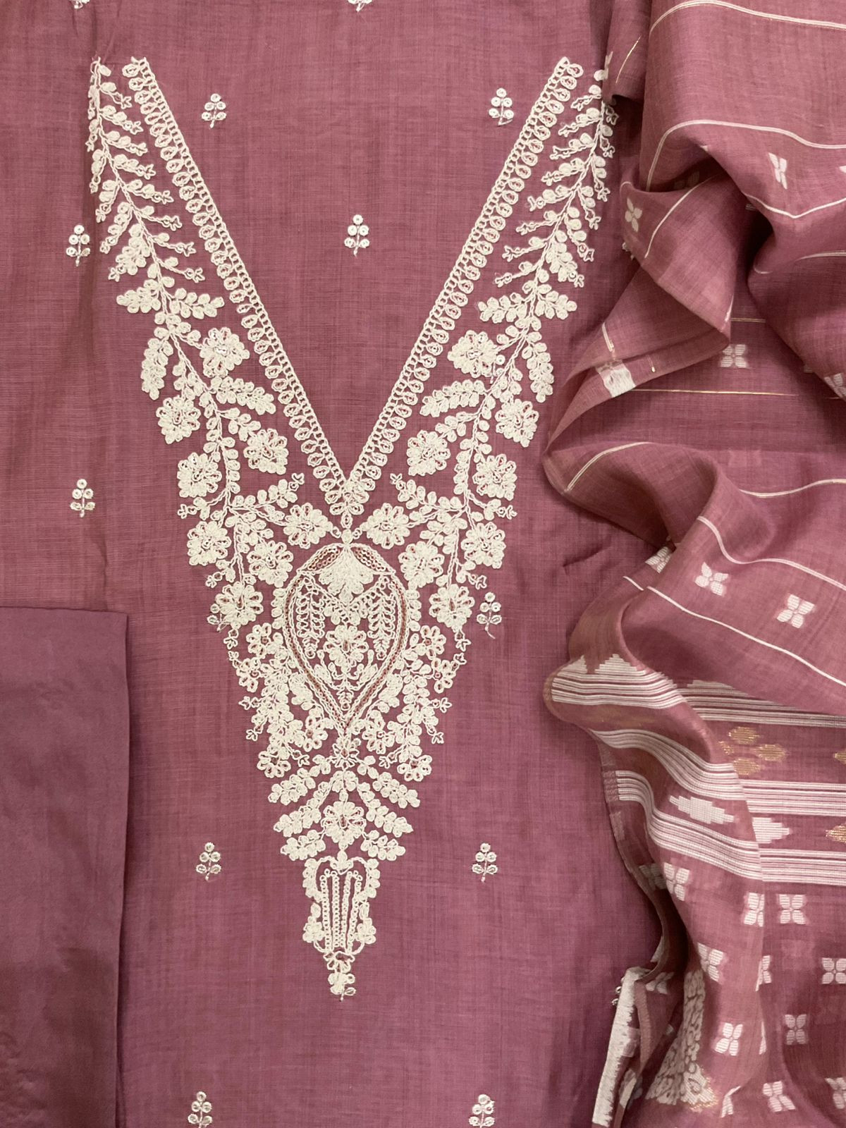 Soft Slub Chanderi Jamdani Weaved Embroidered Suit - Pink