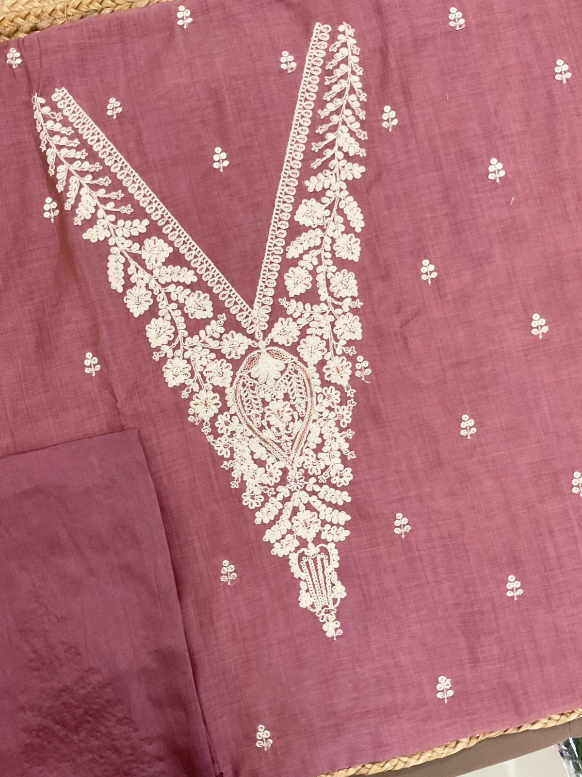 Soft Slub Chanderi Jamdani Weaved Embroidered Suit - Pink