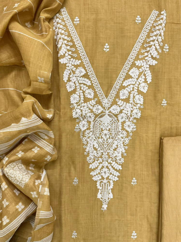 Image of Soft Slub Chanderi Jamdani Weaved Embroidered Suit - Yellow
