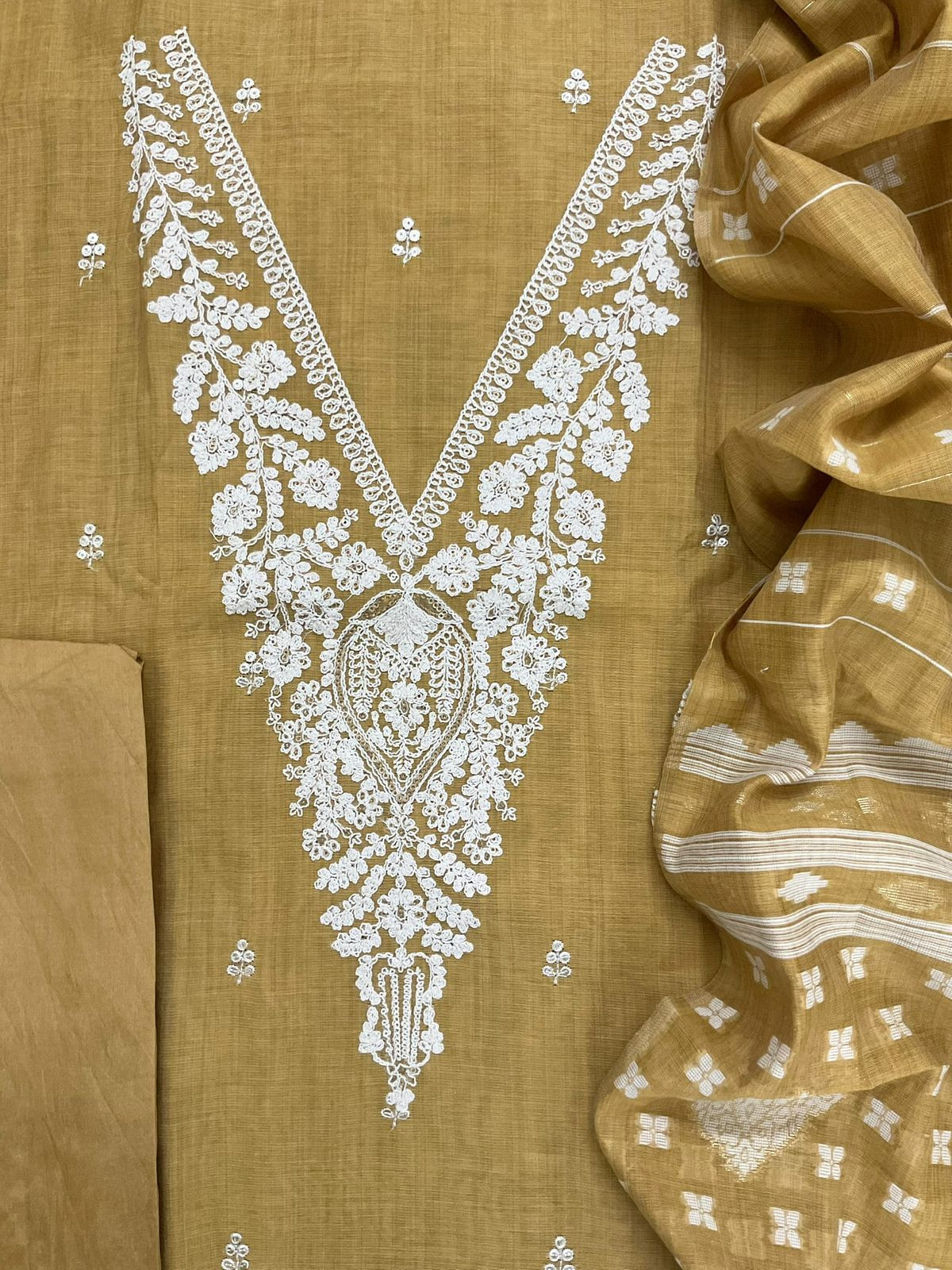 Soft Slub Chanderi Jamdani Weaved Embroidered Suit - Yellow