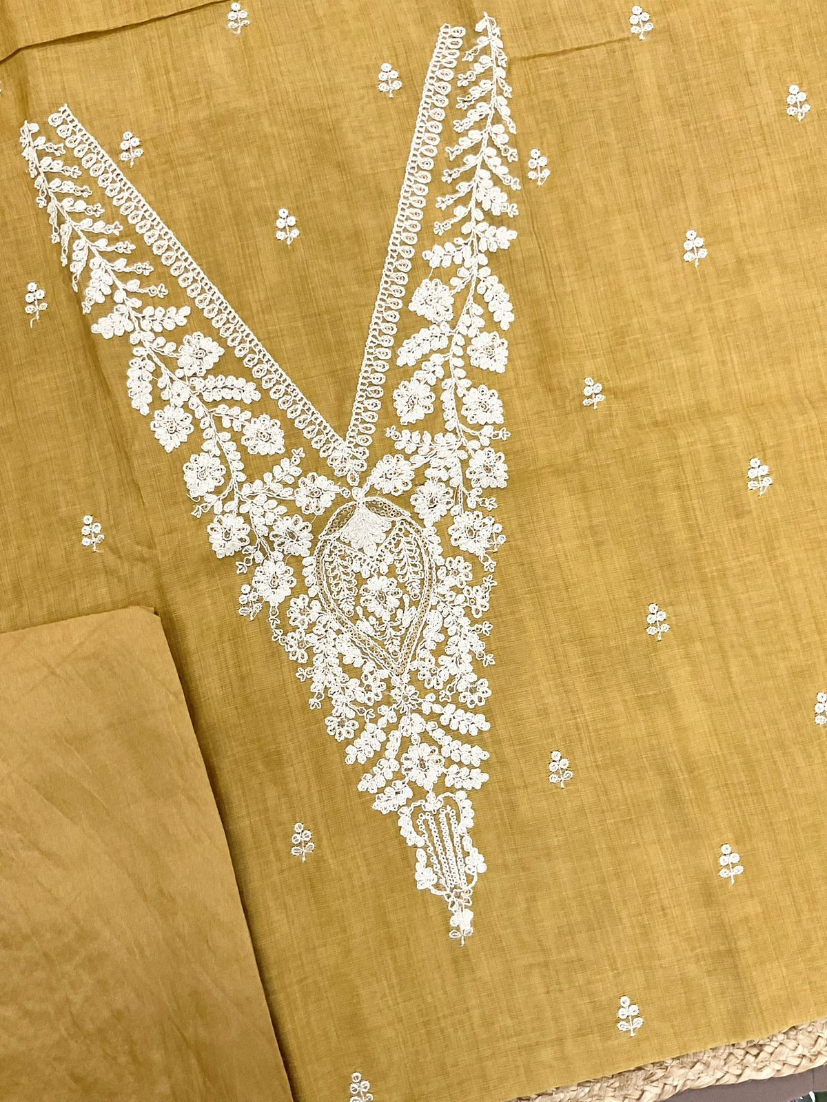 Soft Slub Chanderi Jamdani Weaved Embroidered Suit - Yellow