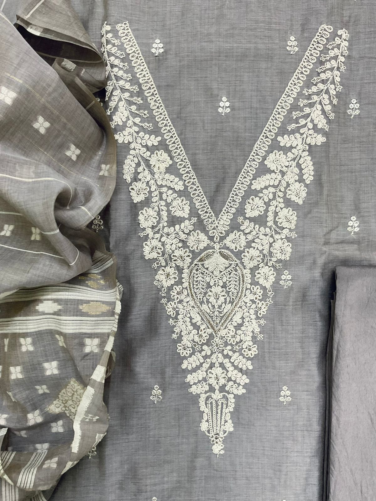 Soft Slub Chanderi Jamdani Weaved Embroidered Suit - Grey