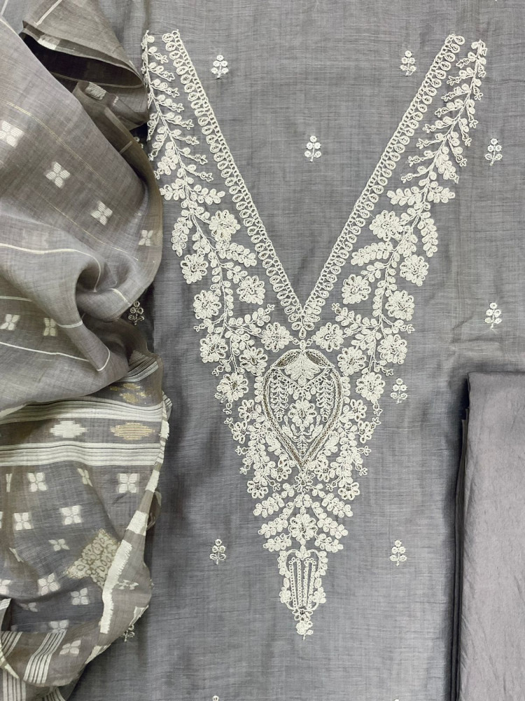 Image of Soft Slub Chanderi Jamdani Weaved Embroidered Suit - Grey