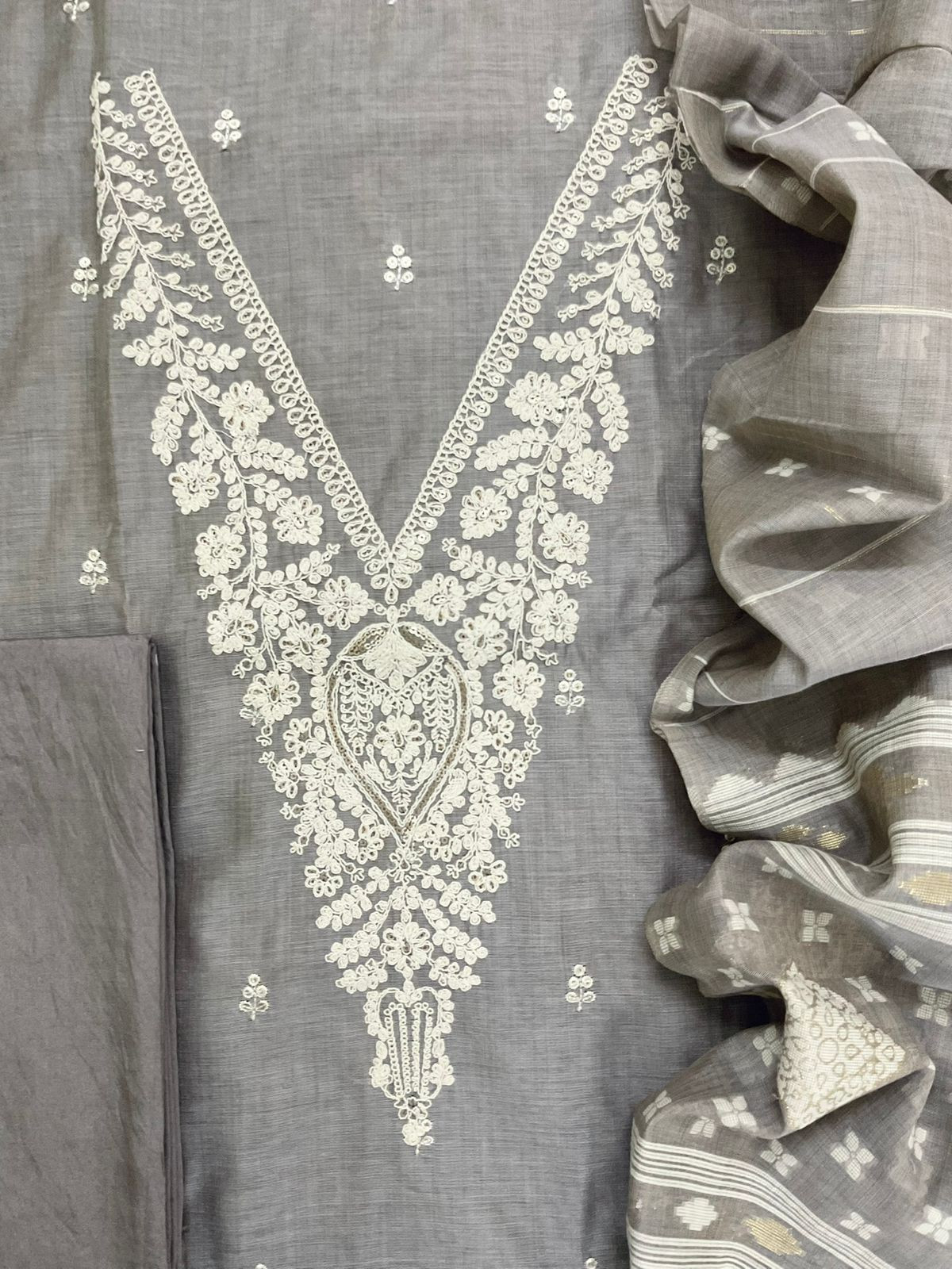 Soft Slub Chanderi Jamdani Weaved Embroidered Suit - Grey