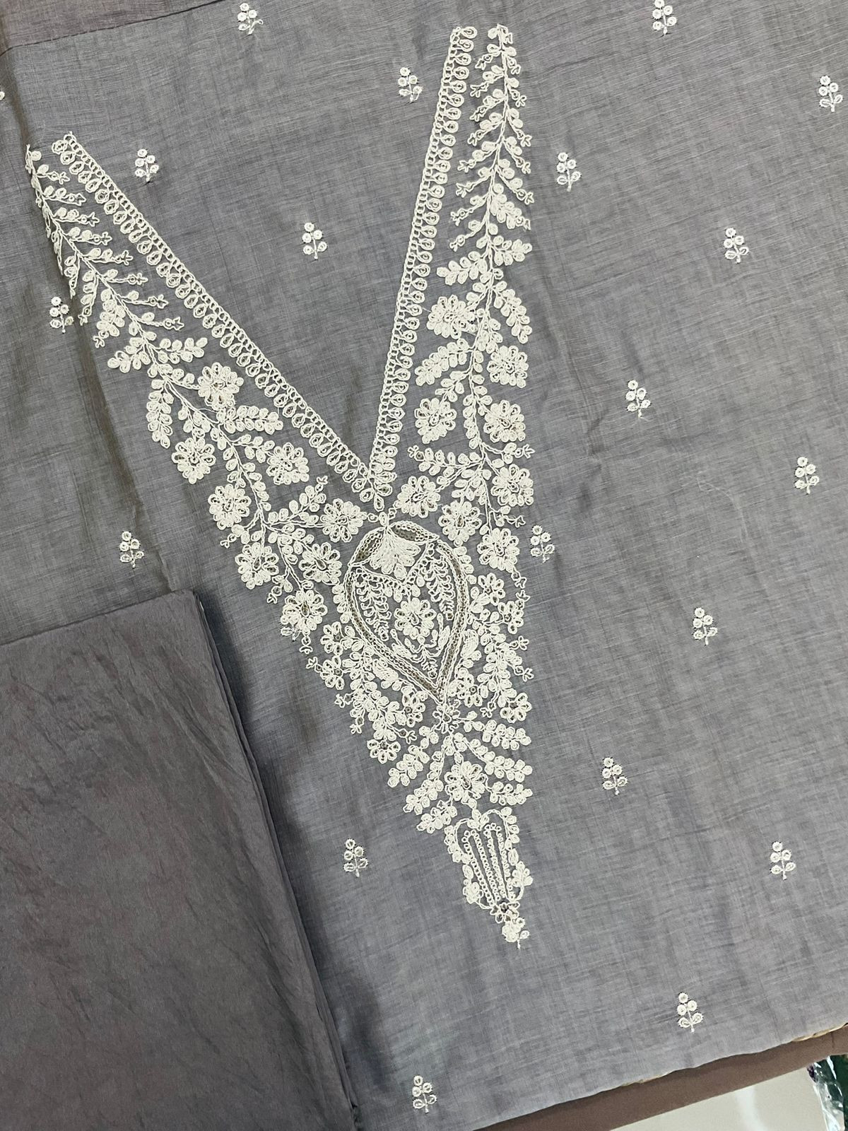 Soft Slub Chanderi Jamdani Weaved Embroidered Suit - Grey