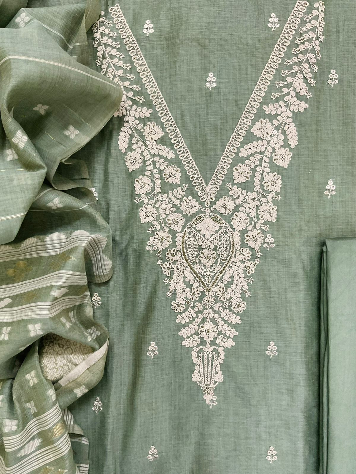Soft Slub Chanderi Jamdani Weaved Embroidered Suit - Green