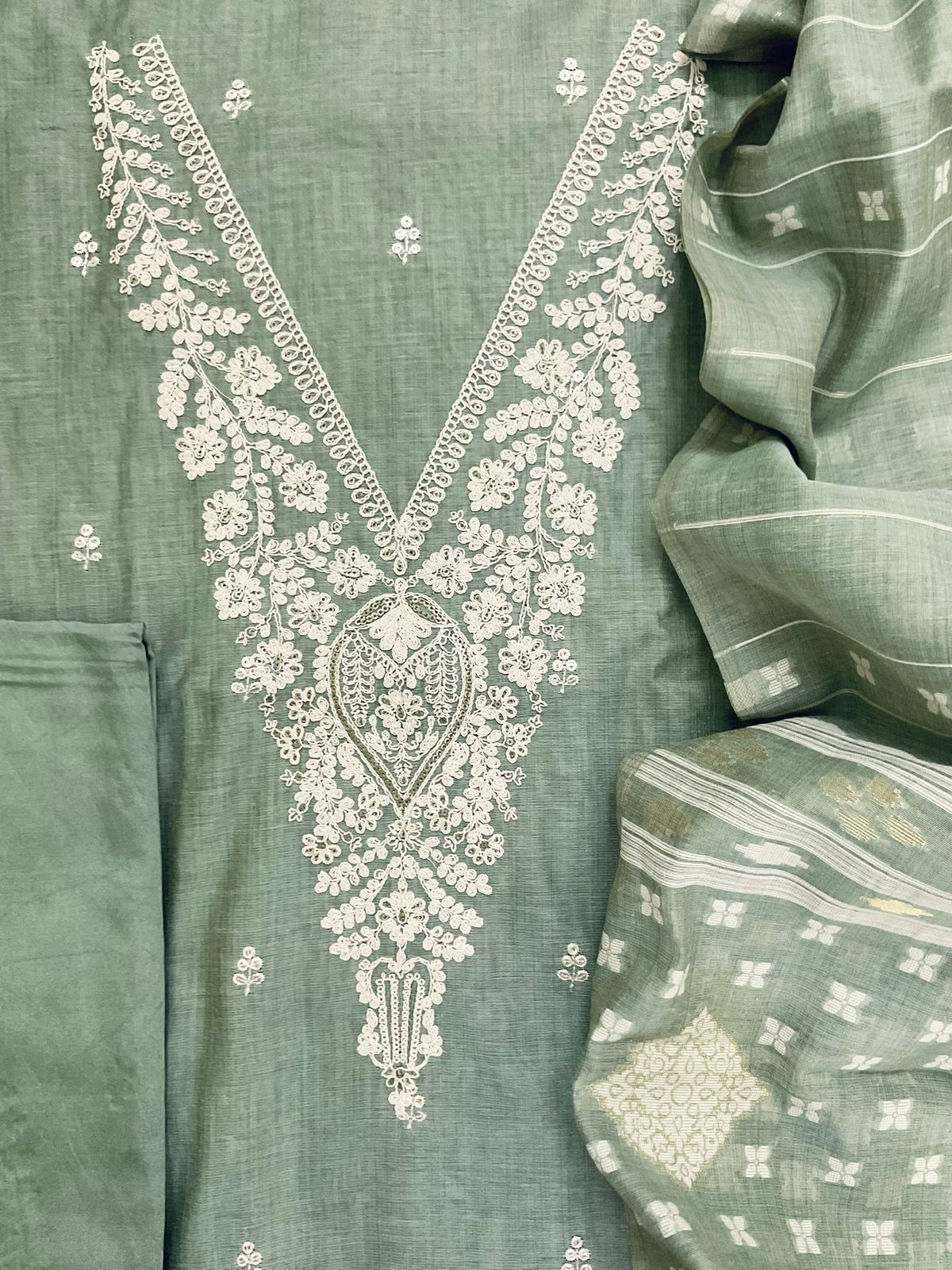 Soft Slub Chanderi Jamdani Weaved Embroidered Suit - Green