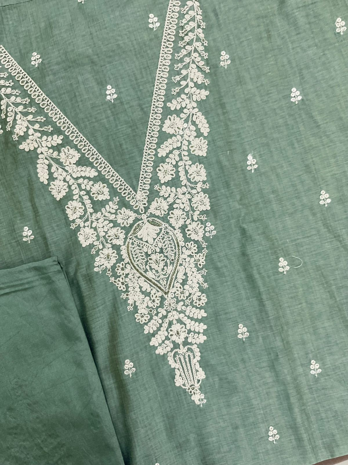 Soft Slub Chanderi Jamdani Weaved Embroidered Suit - Green