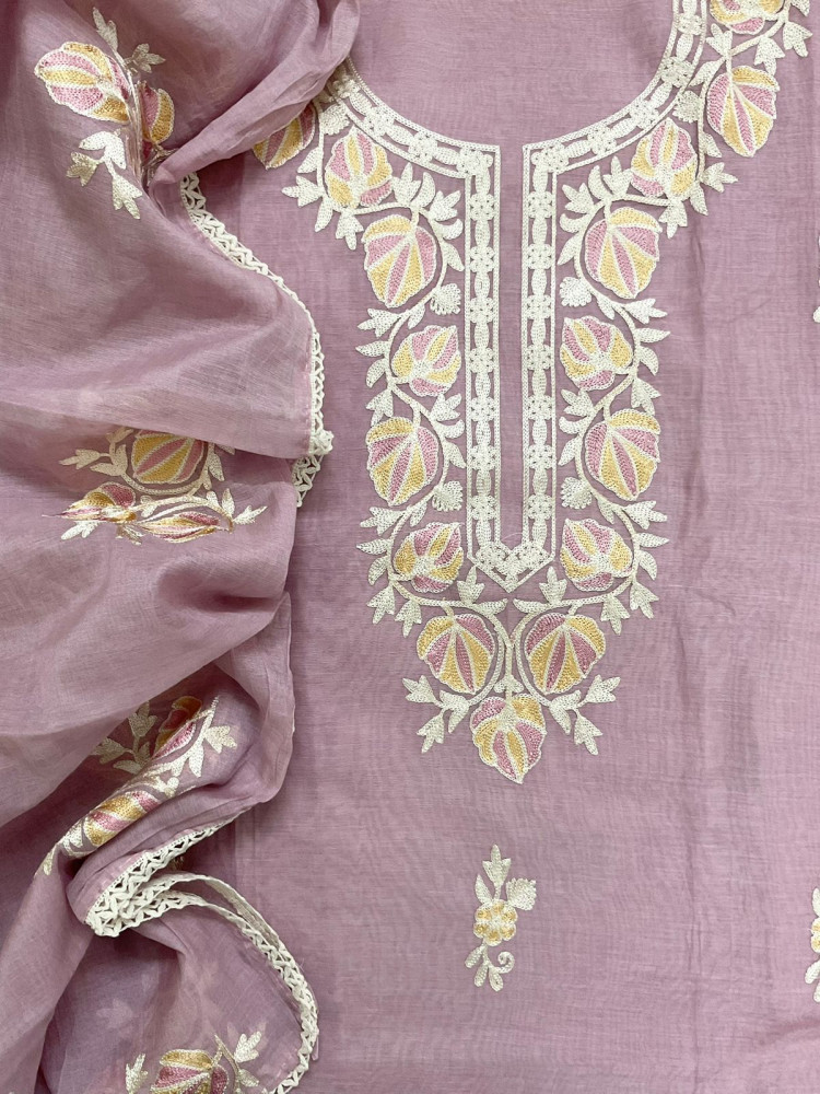 Image of Pure Chanderi Embroidered Suit - Onion Pink