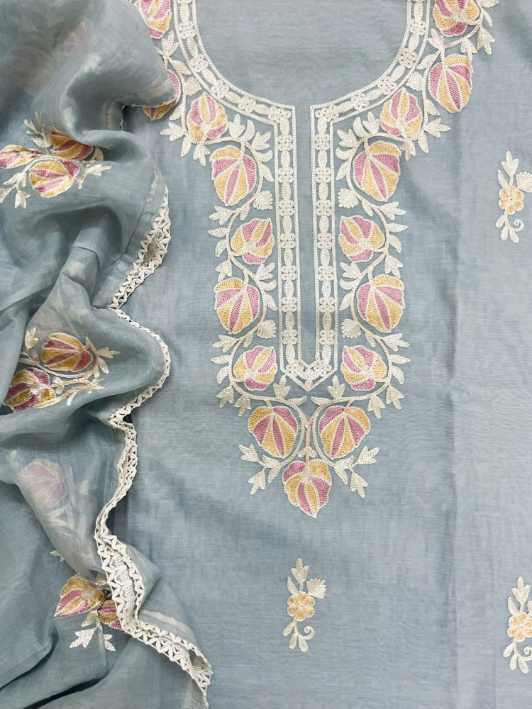 Image of Pure Chanderi Embroidered Suit - Greyish Blue