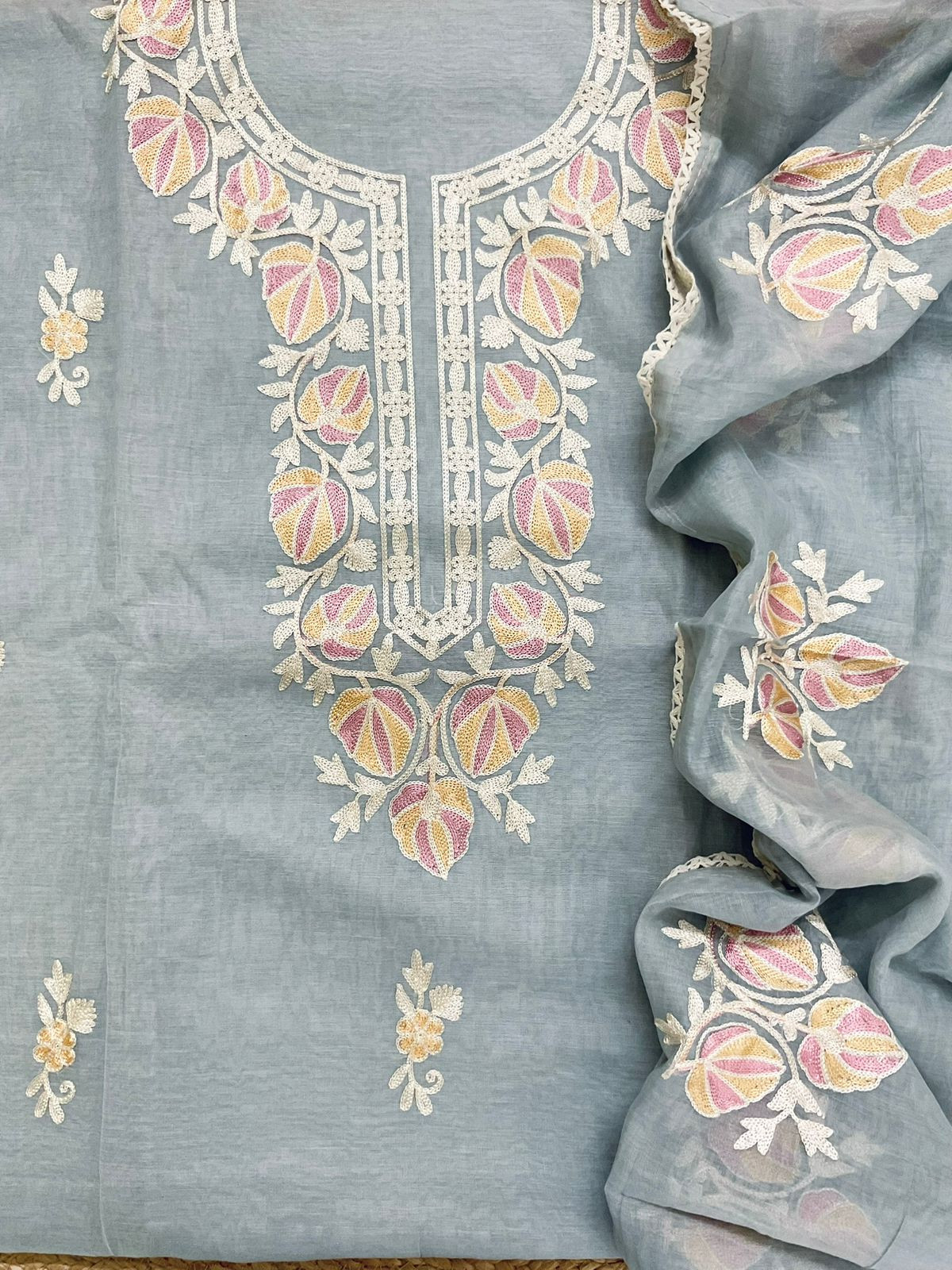 Pure Chanderi Embroidered Suit - Greyish Blue