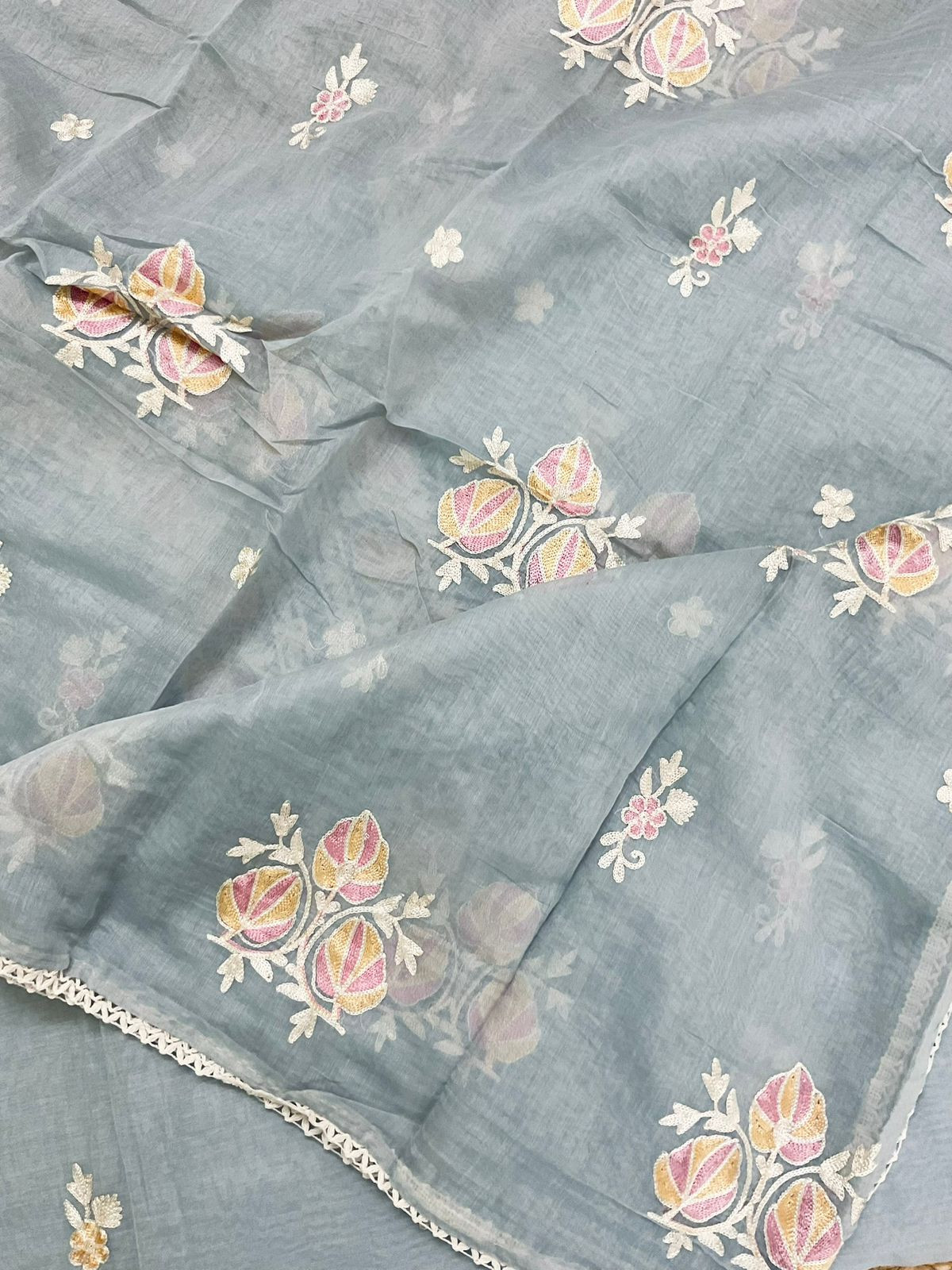 Pure Chanderi Embroidered Suit - Greyish Blue