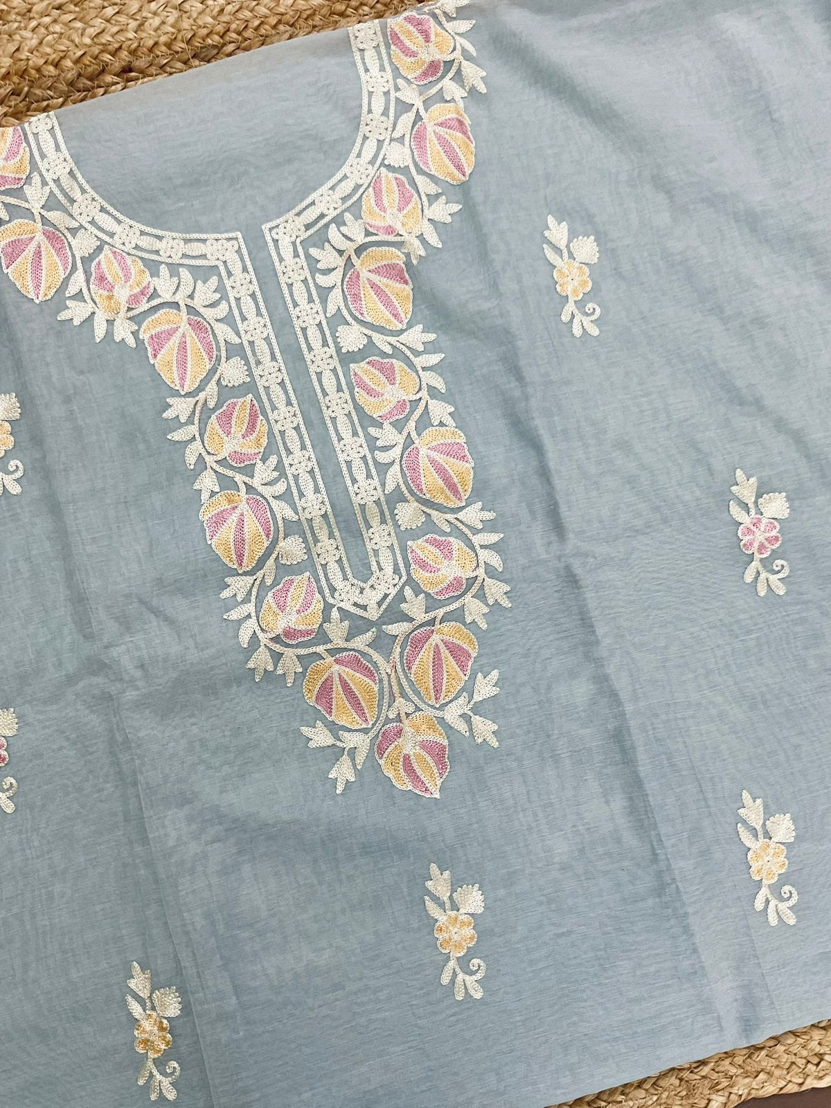 Pure Chanderi Embroidered Suit - Greyish Blue