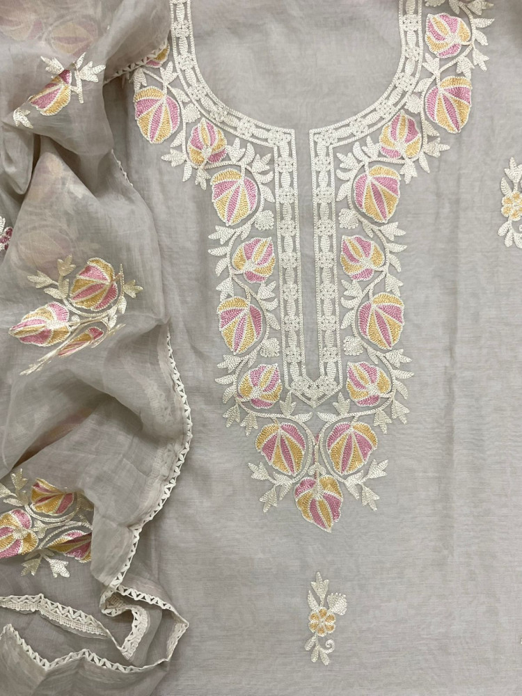 Image of Pure Chanderi Embroidered Suit - Beigish Grey