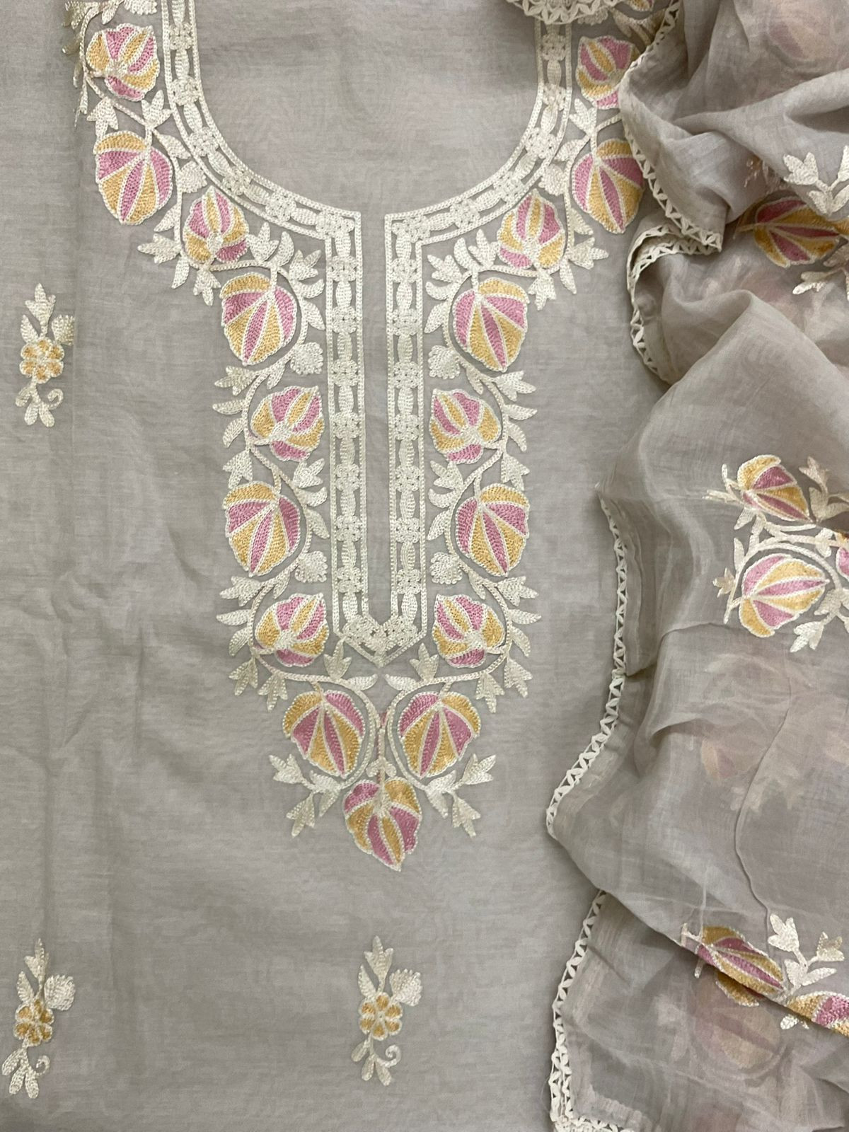 Pure Chanderi Embroidered Suit - Beigish Grey