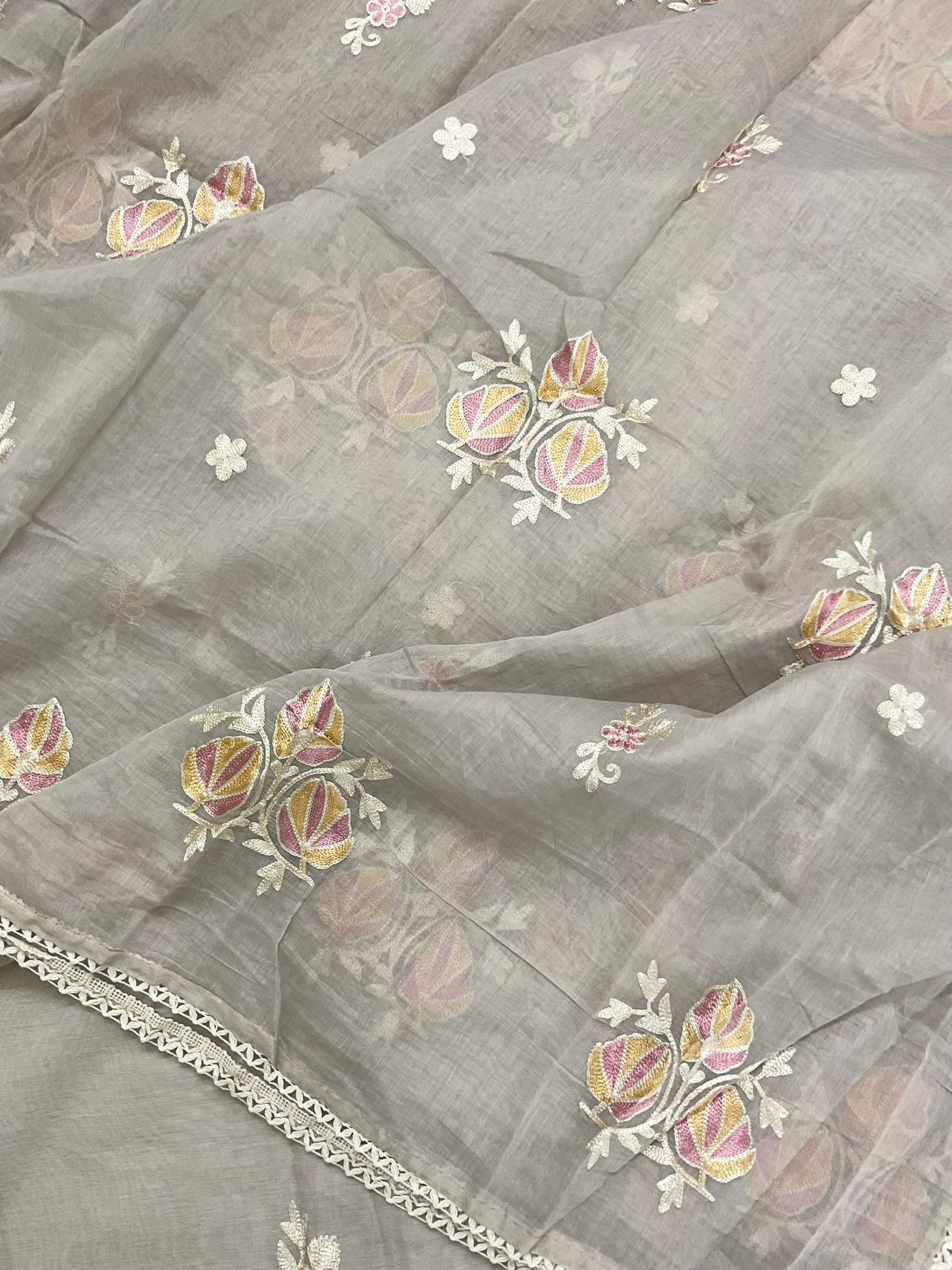 Pure Chanderi Embroidered Suit - Beigish Grey