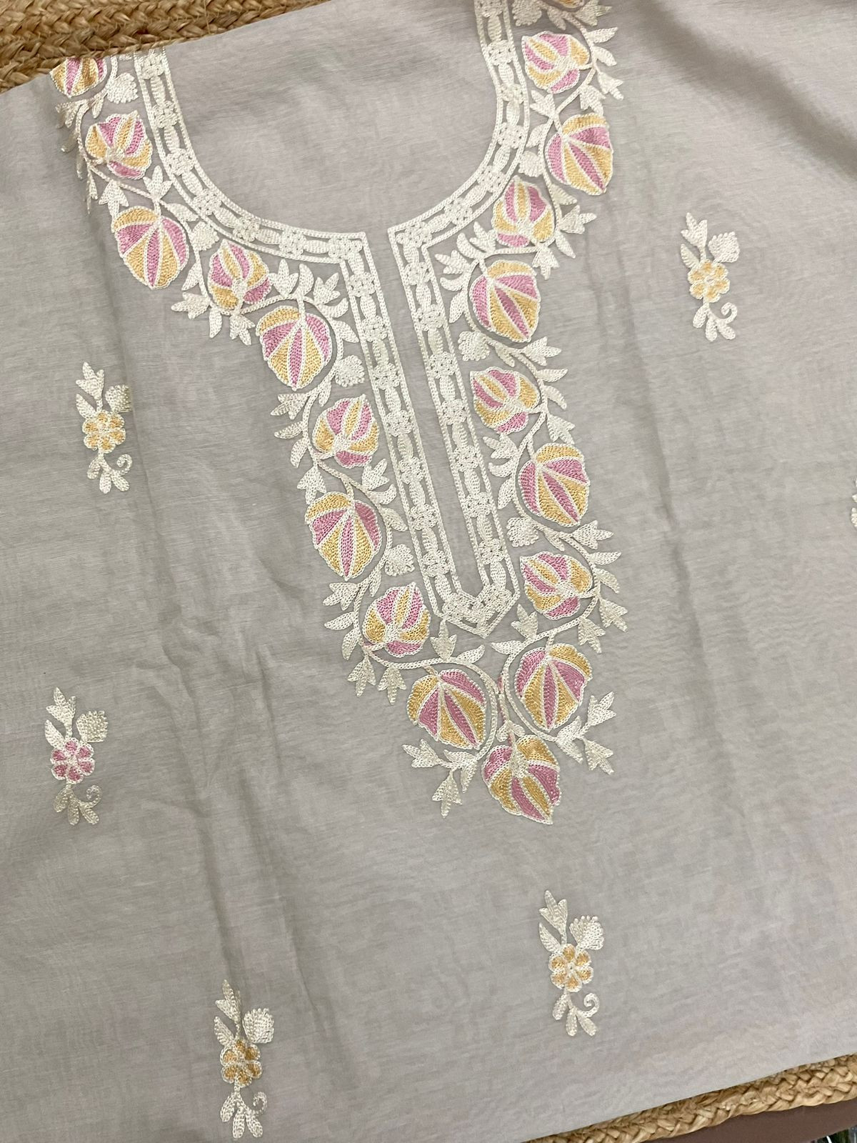 Pure Chanderi Embroidered Suit - Beigish Grey
