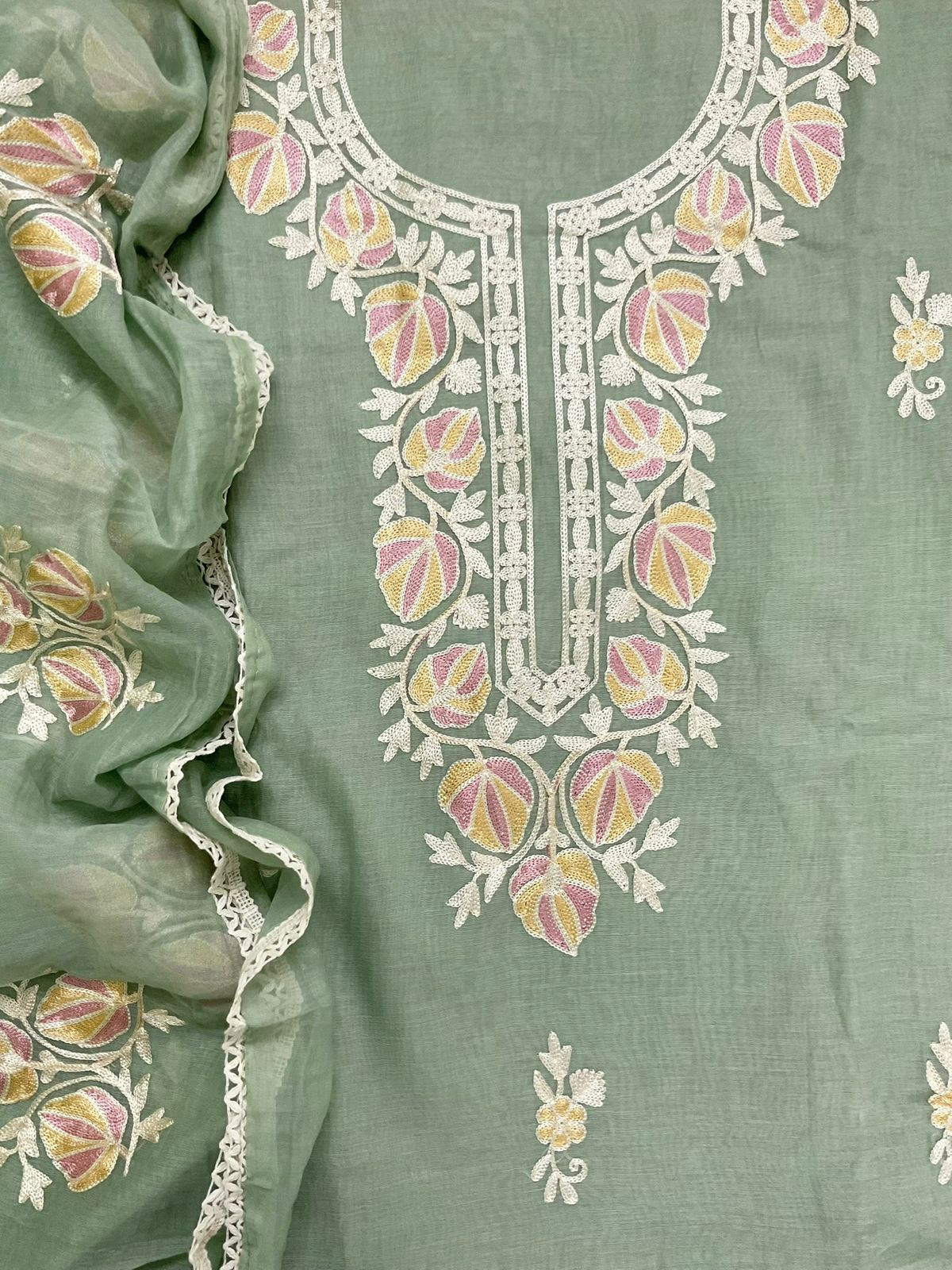 Pure Chanderi Embroidered Suit - Green