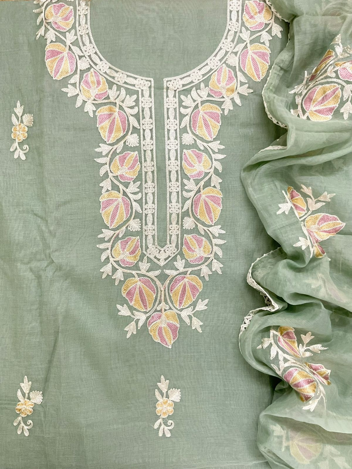 Pure Chanderi Embroidered Suit - Green