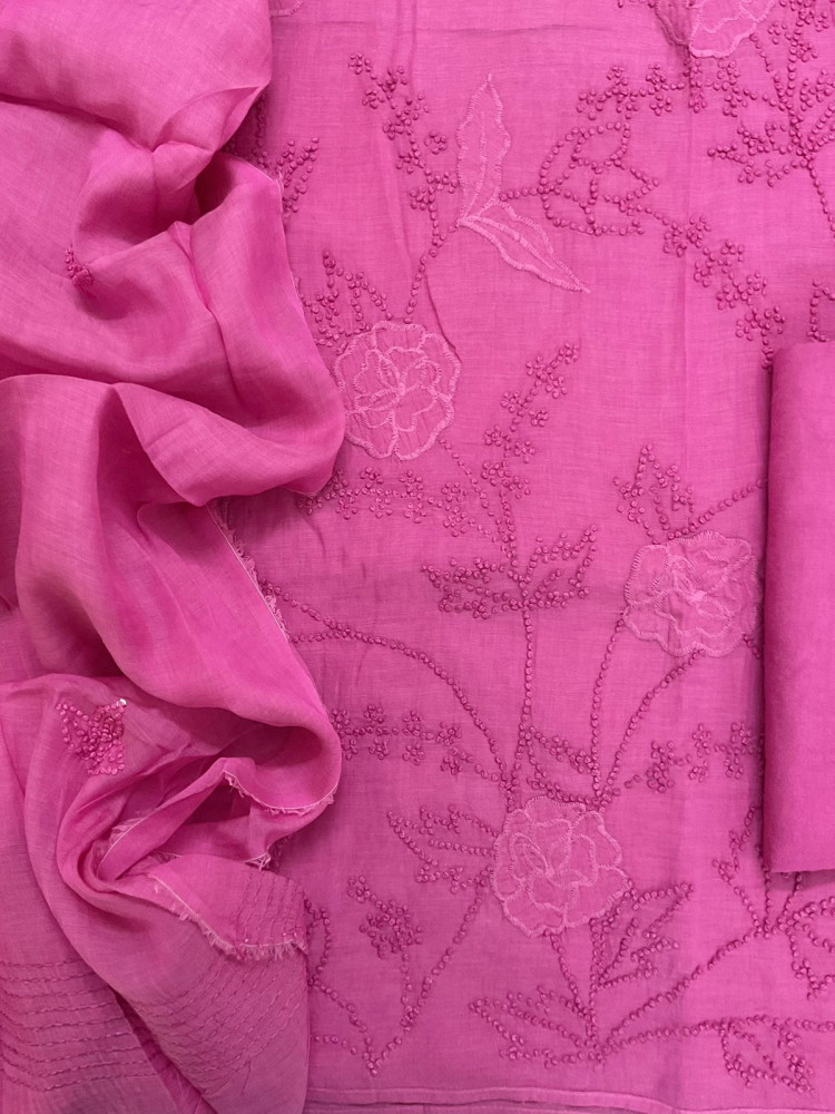 Image of Pure Chanderi Embroidered Suit - Pink