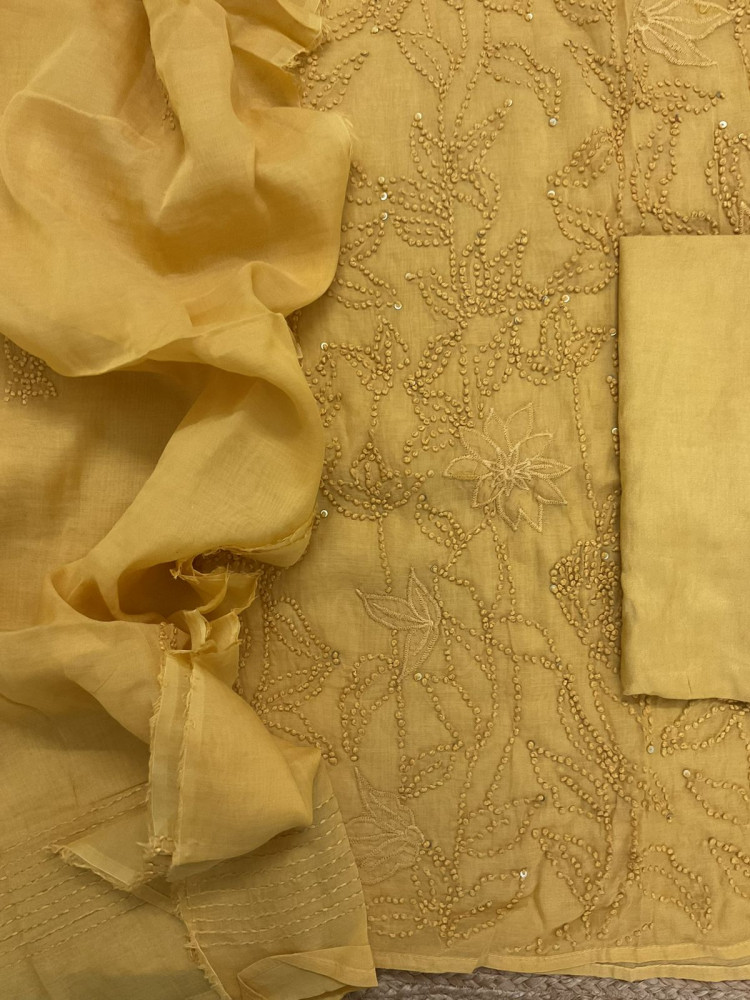 Image of Pure Chanderi Embroidered Suit - Yellow