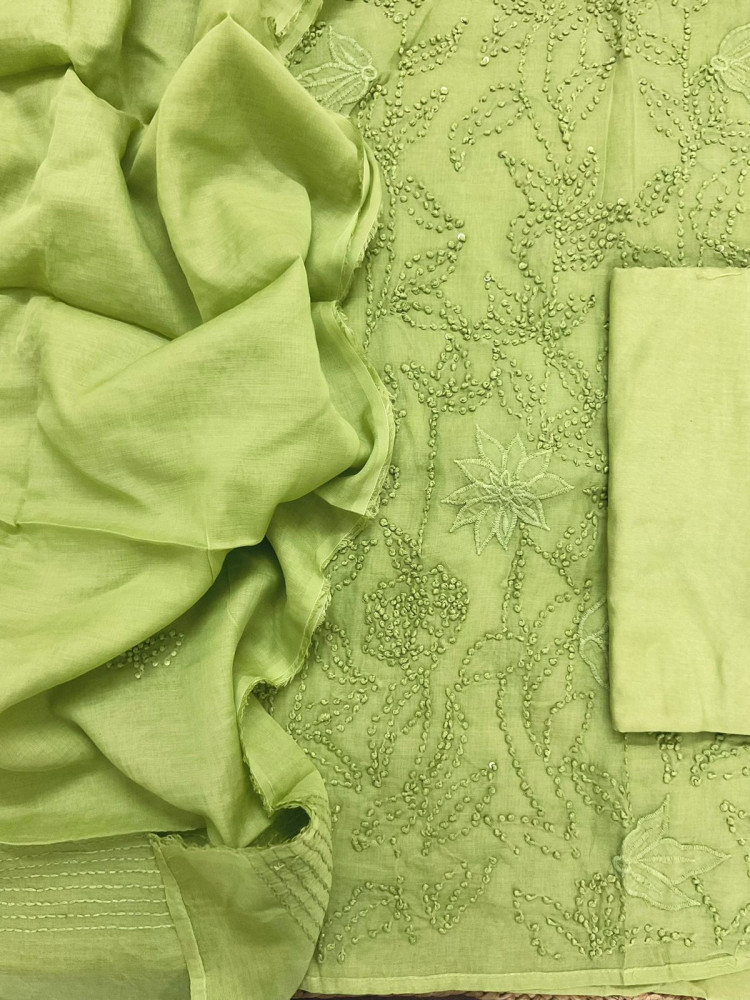 Image of Pure Chanderi Embroidered Suit - Green