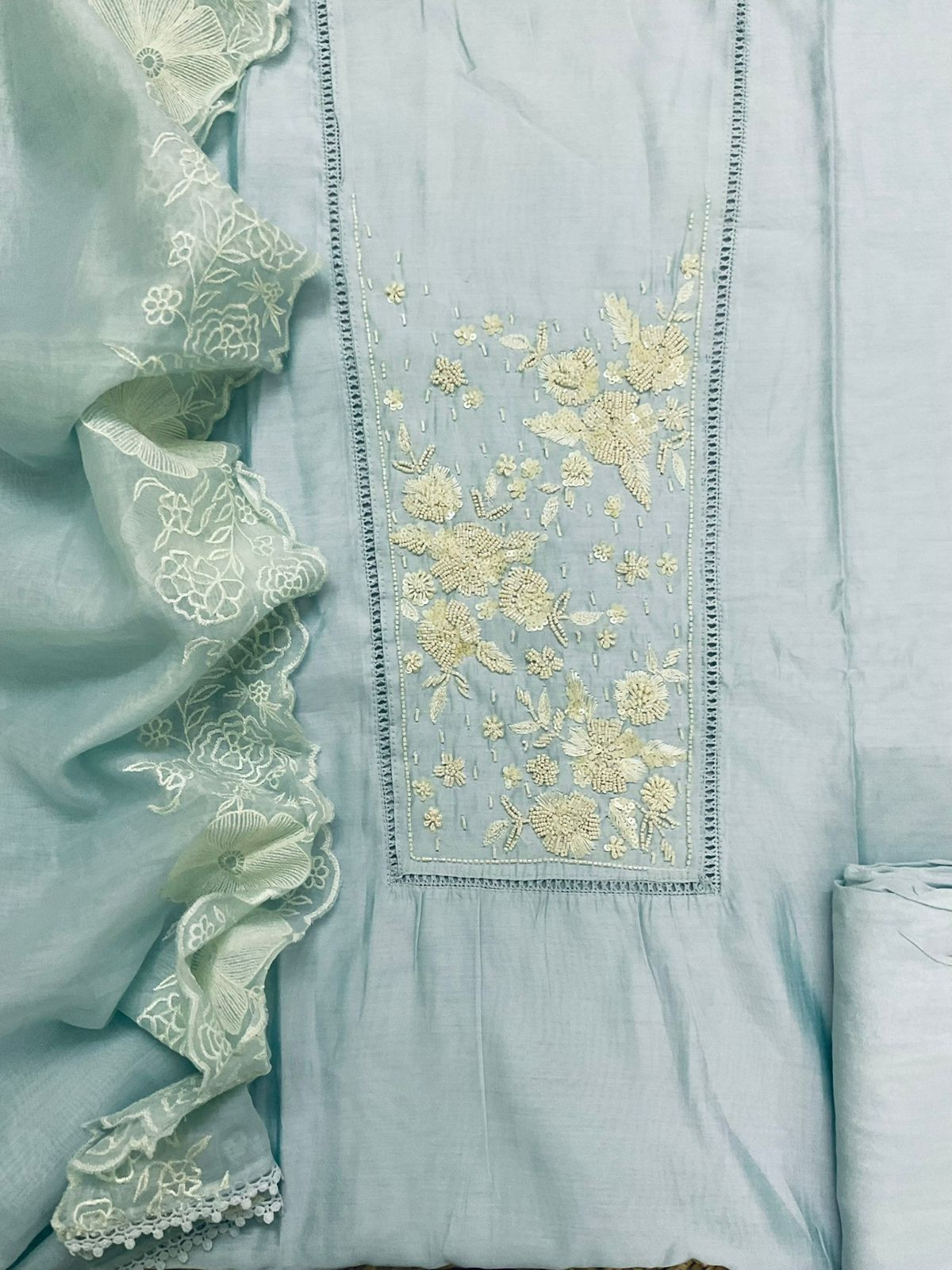 Pure Muslin Embroidered Suit - Blue