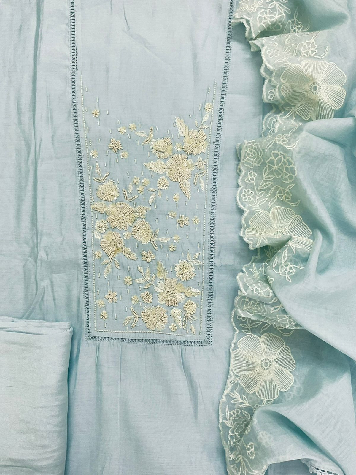 Pure Muslin Embroidered Suit - Blue