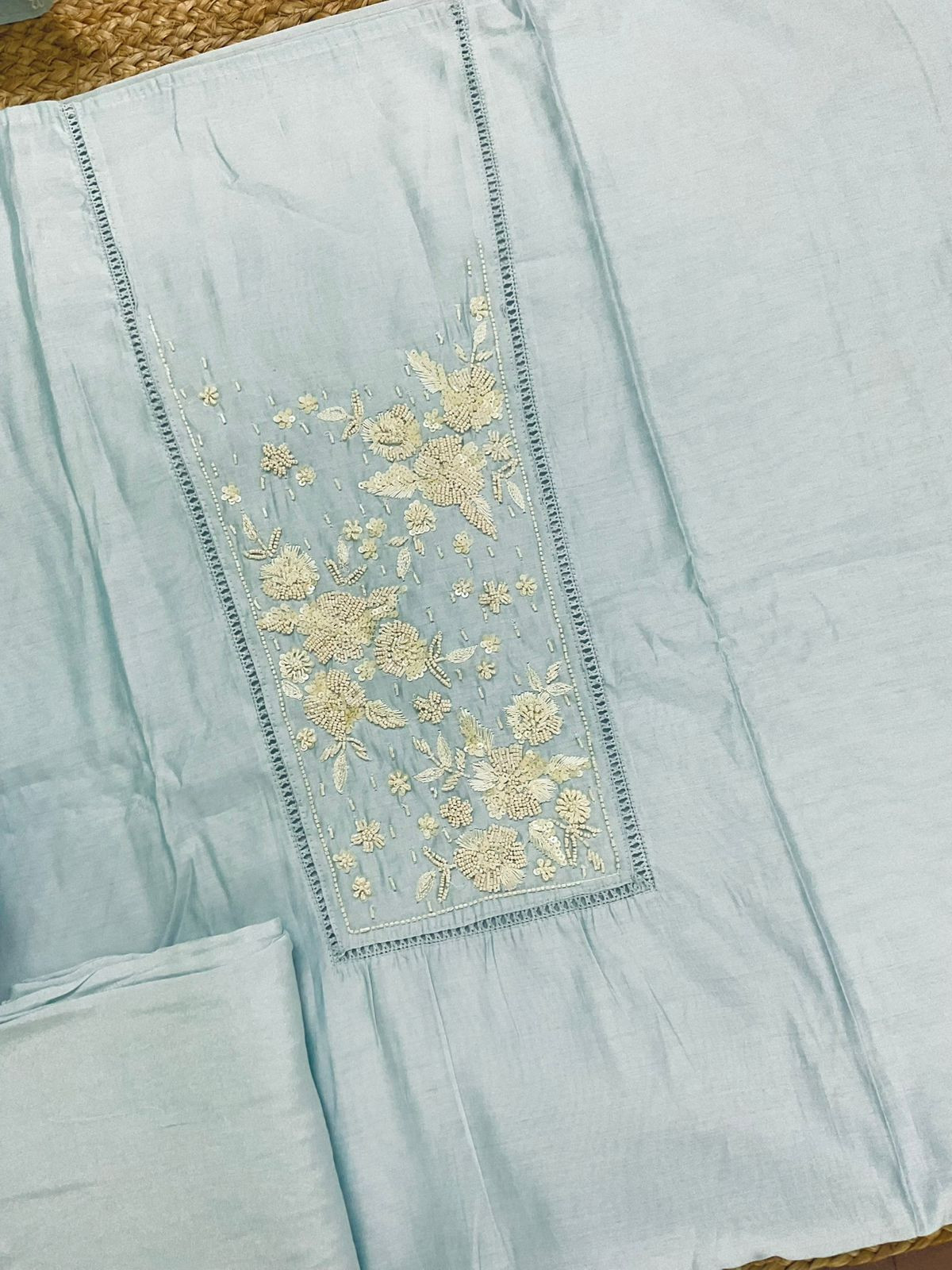 Pure Muslin Embroidered Suit - Blue