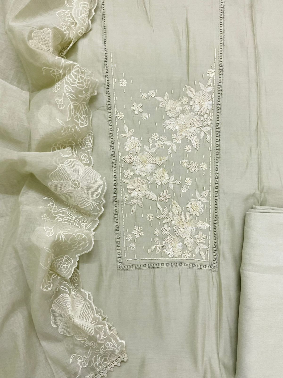 Pure Muslin Embroidered Suit - Green