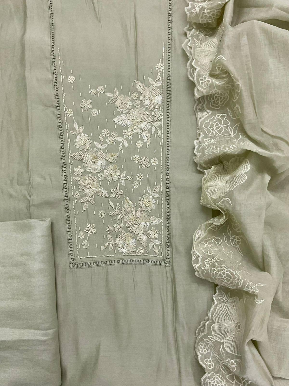 Pure Muslin Embroidered Suit - Green