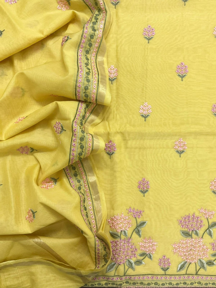Image of Pure Chanderi Embroidered Suit - Yellow