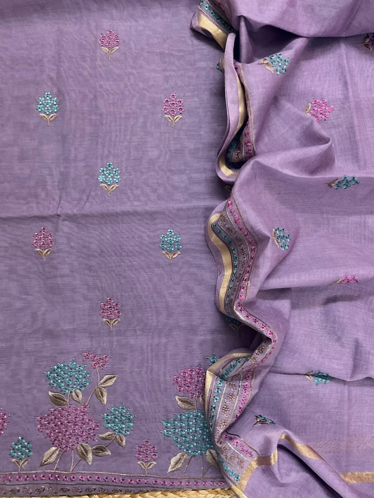 Pure Chanderi Embroidered Suit - Purple