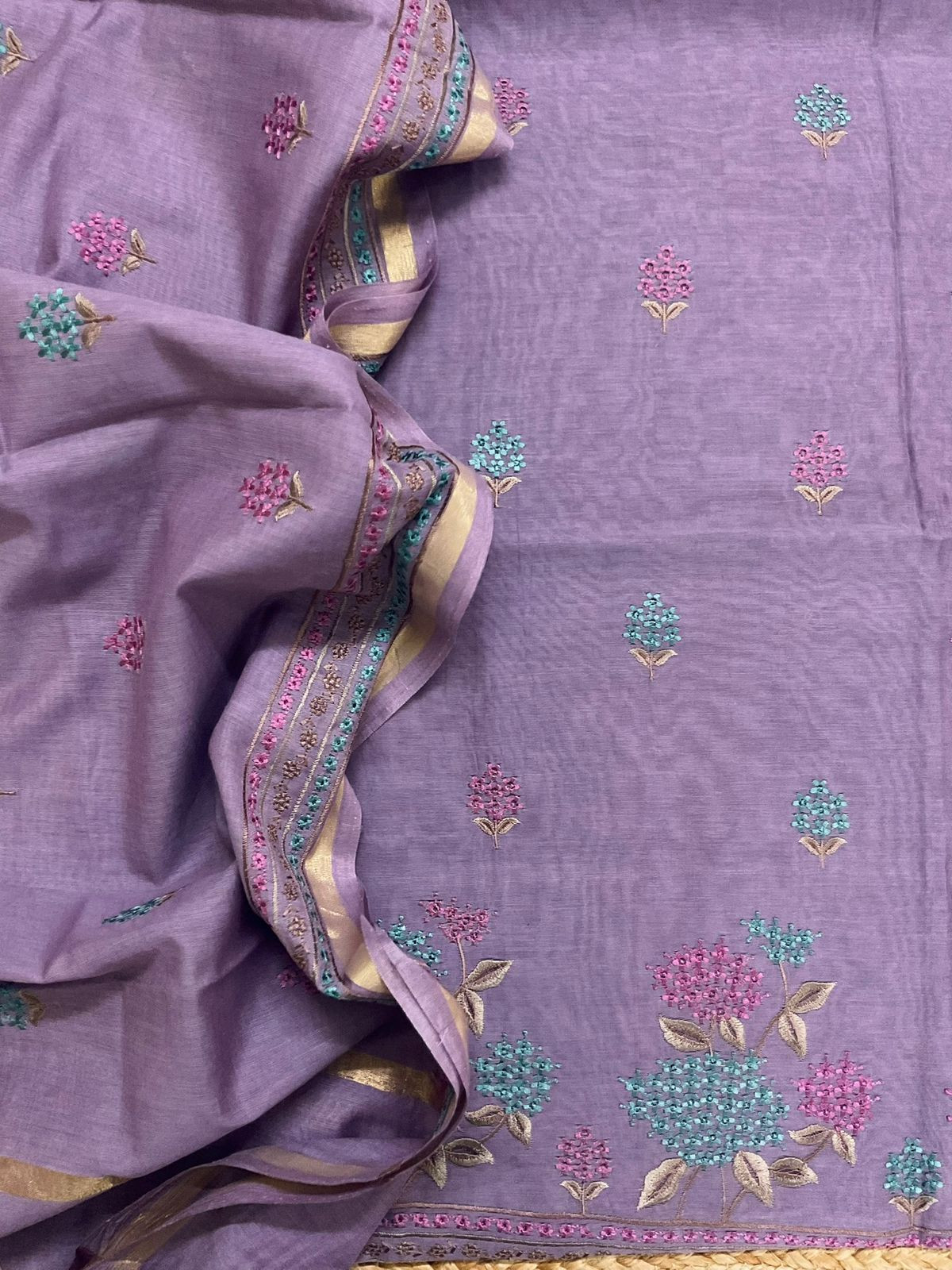Pure Chanderi Embroidered Suit - Purple