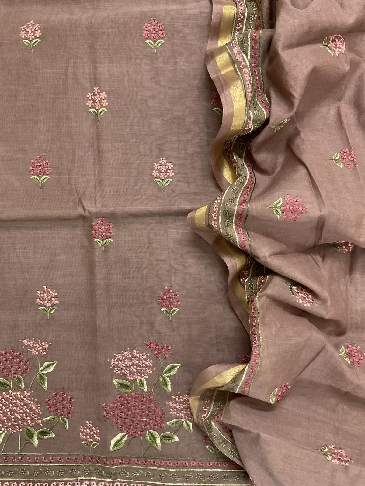 Pure Chanderi Embroidered Suit - Brown