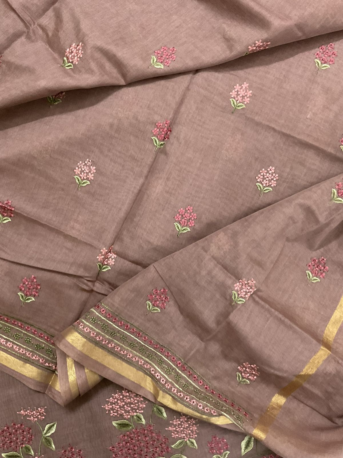 Pure Chanderi Embroidered Suit - Brown