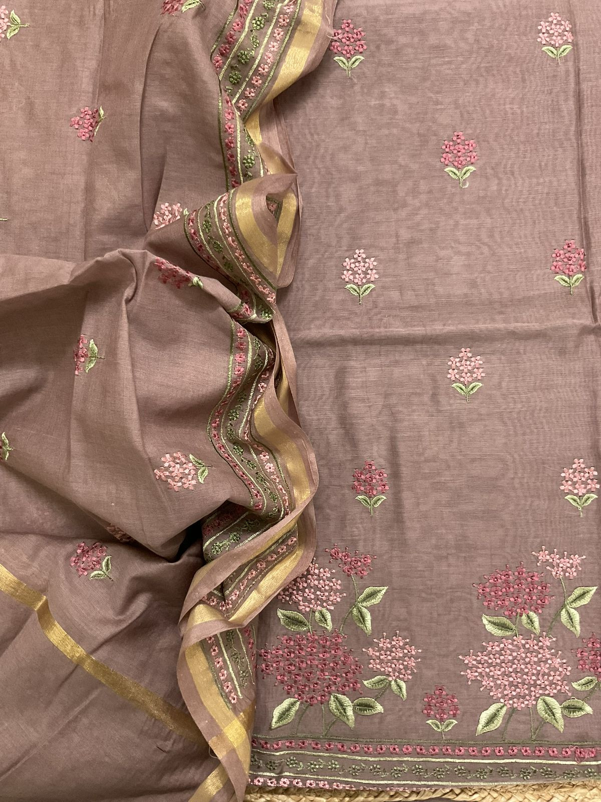 Pure Chanderi Embroidered Suit - Brown