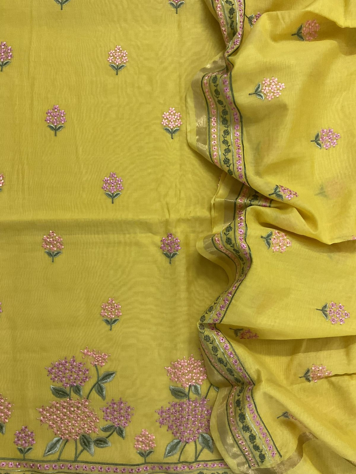 Pure Chanderi Embroidered Suit - Yellow