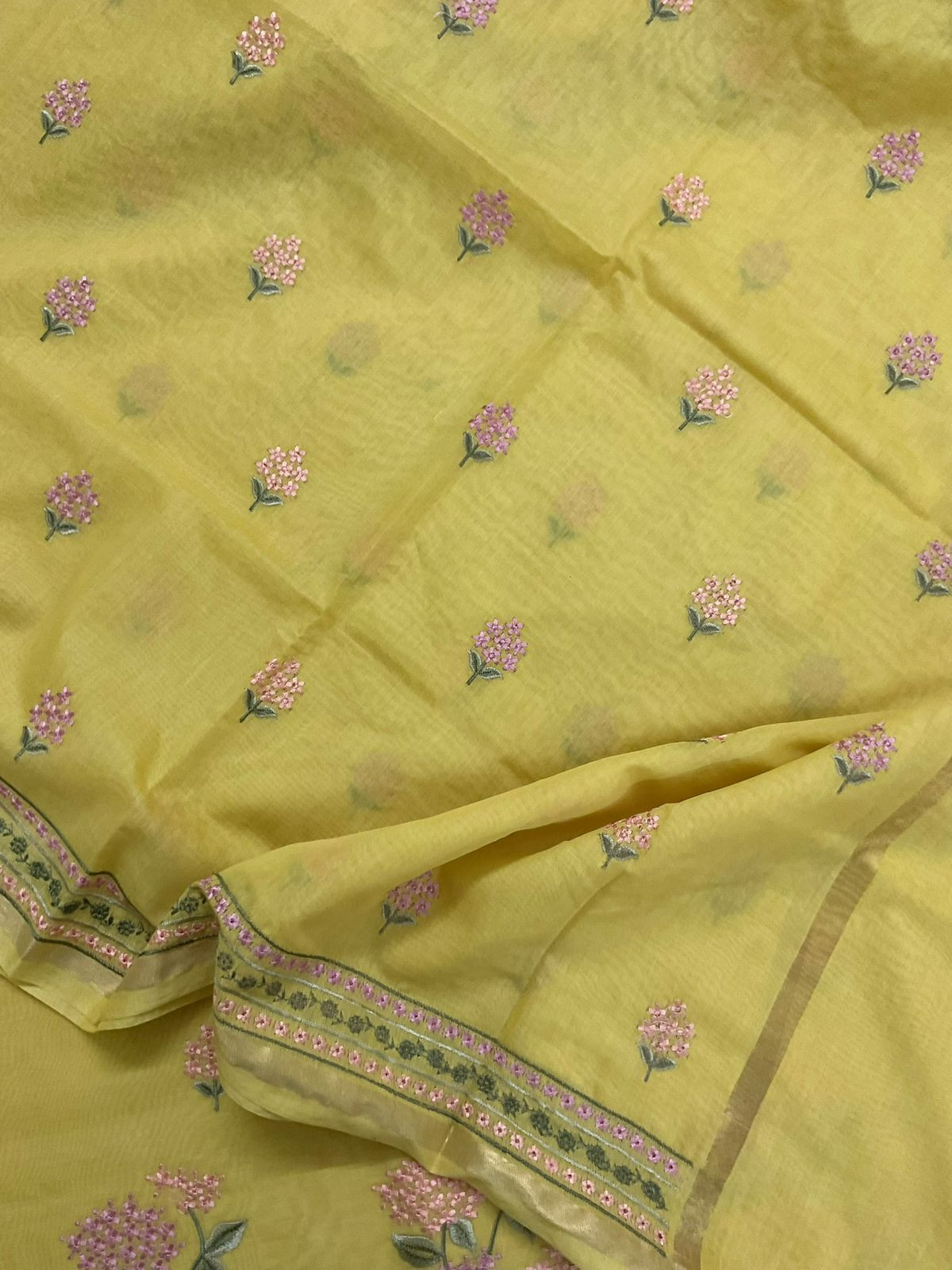 Pure Chanderi Embroidered Suit - Yellow