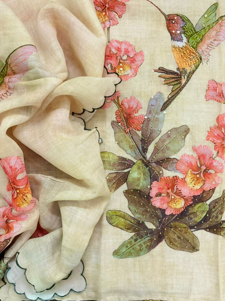 Image of Soft Tissue Slub Cotton Printed Embroidered Suit - Creamish Yellow