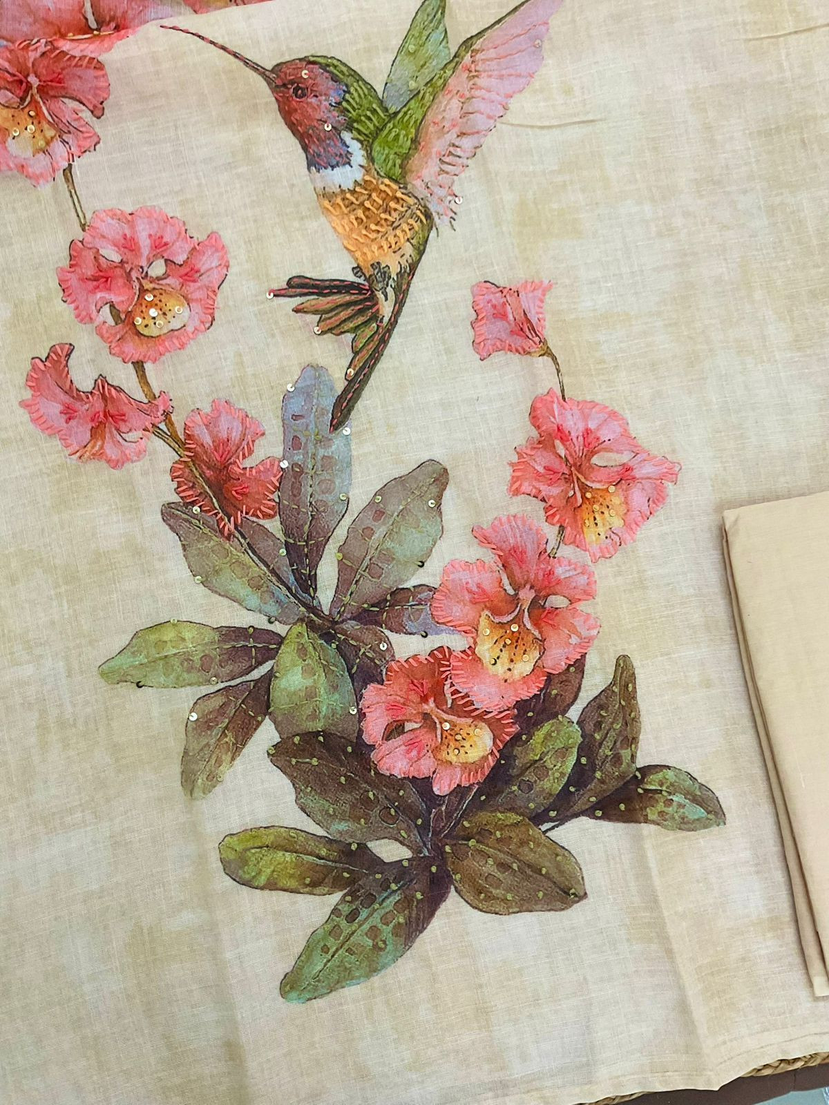 Soft Tissue Slub Cotton Printed Embroidered Suit - Creamish Yellow