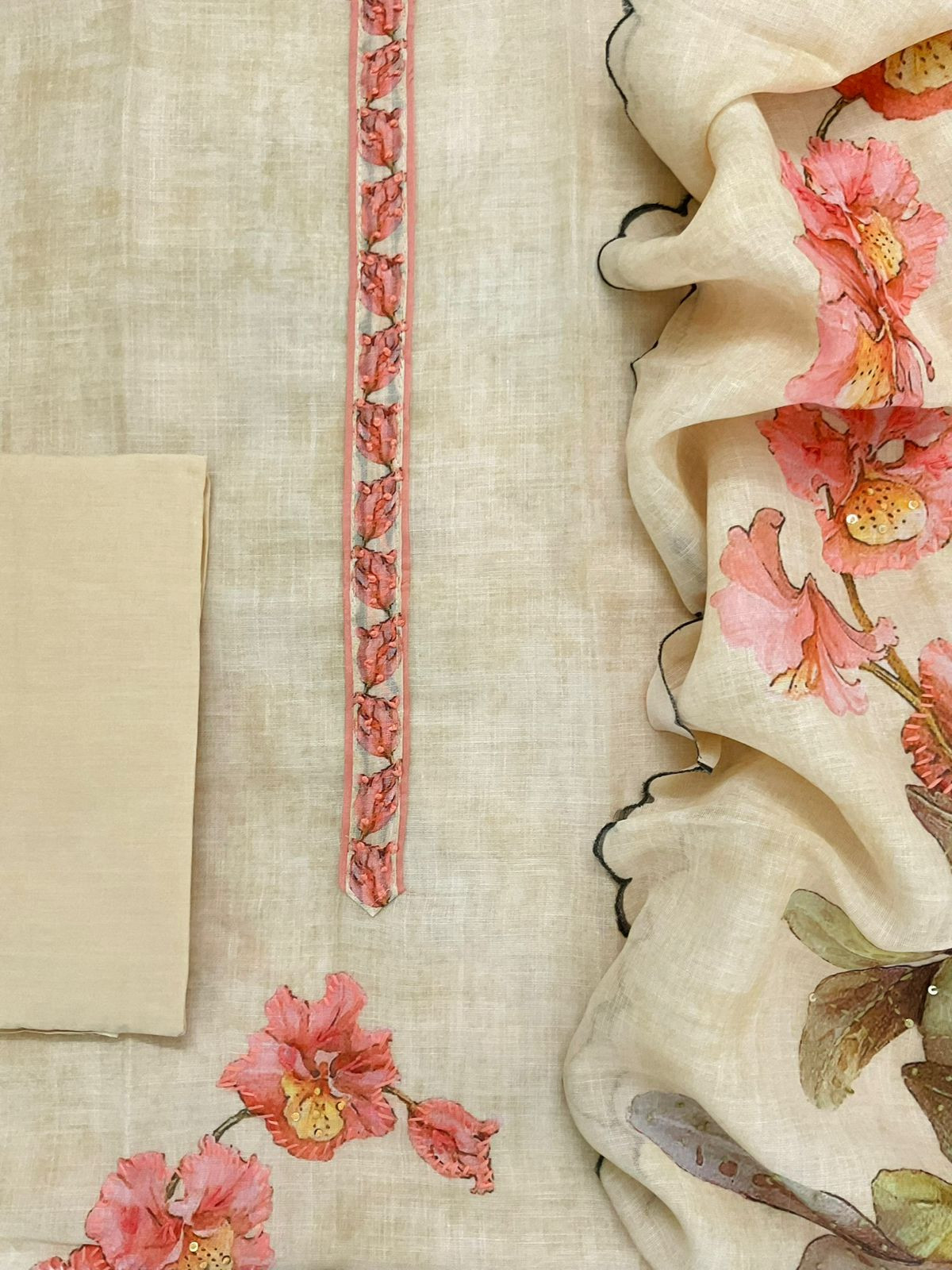 Soft Tissue Slub Cotton Printed Embroidered Suit - Creamish Yellow