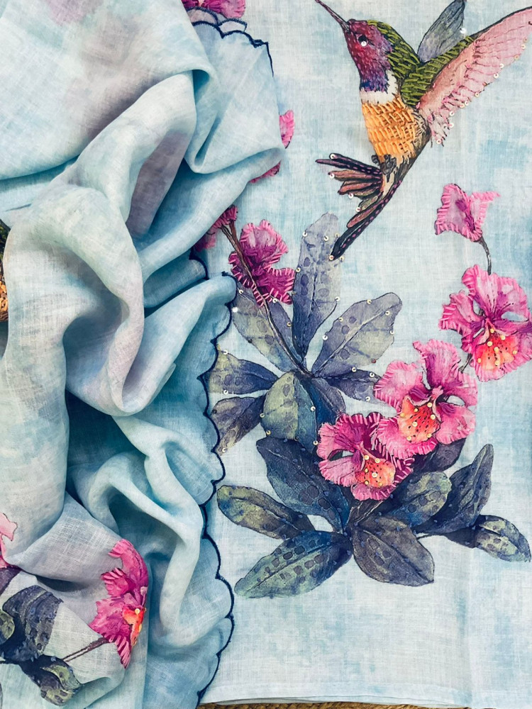 Image of Soft Tissue Slub Cotton Printed Embroidered Suit - Blue