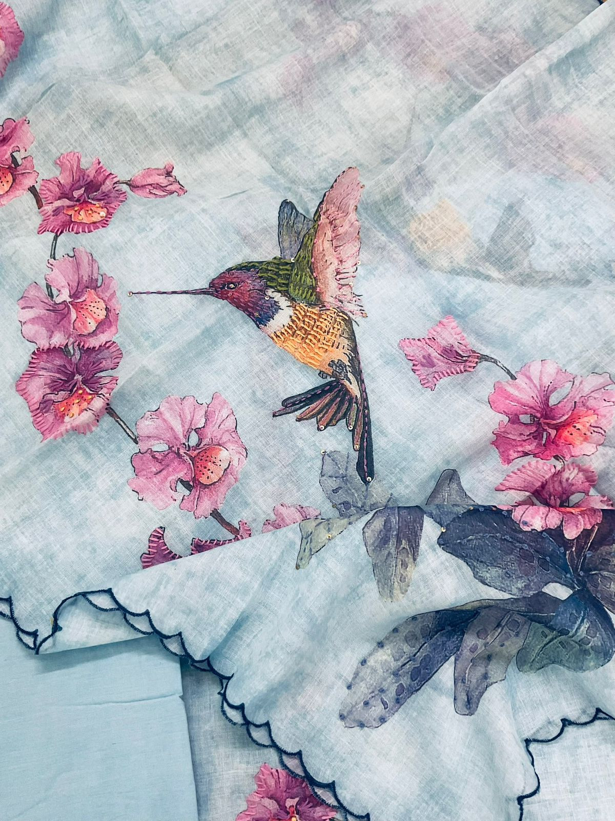 Soft Tissue Slub Cotton Printed Embroidered Suit - Blue