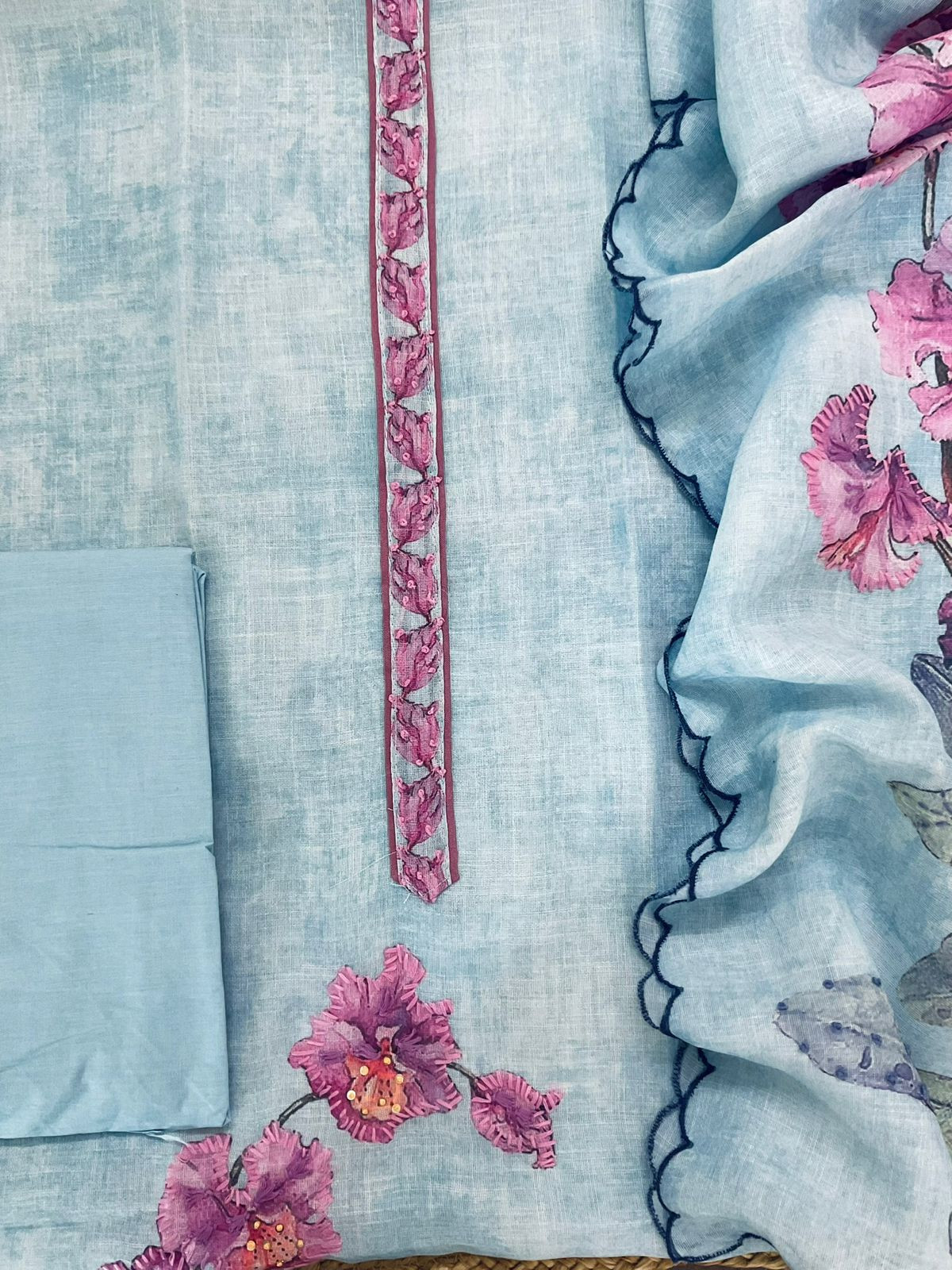 Soft Tissue Slub Cotton Printed Embroidered Suit - Blue