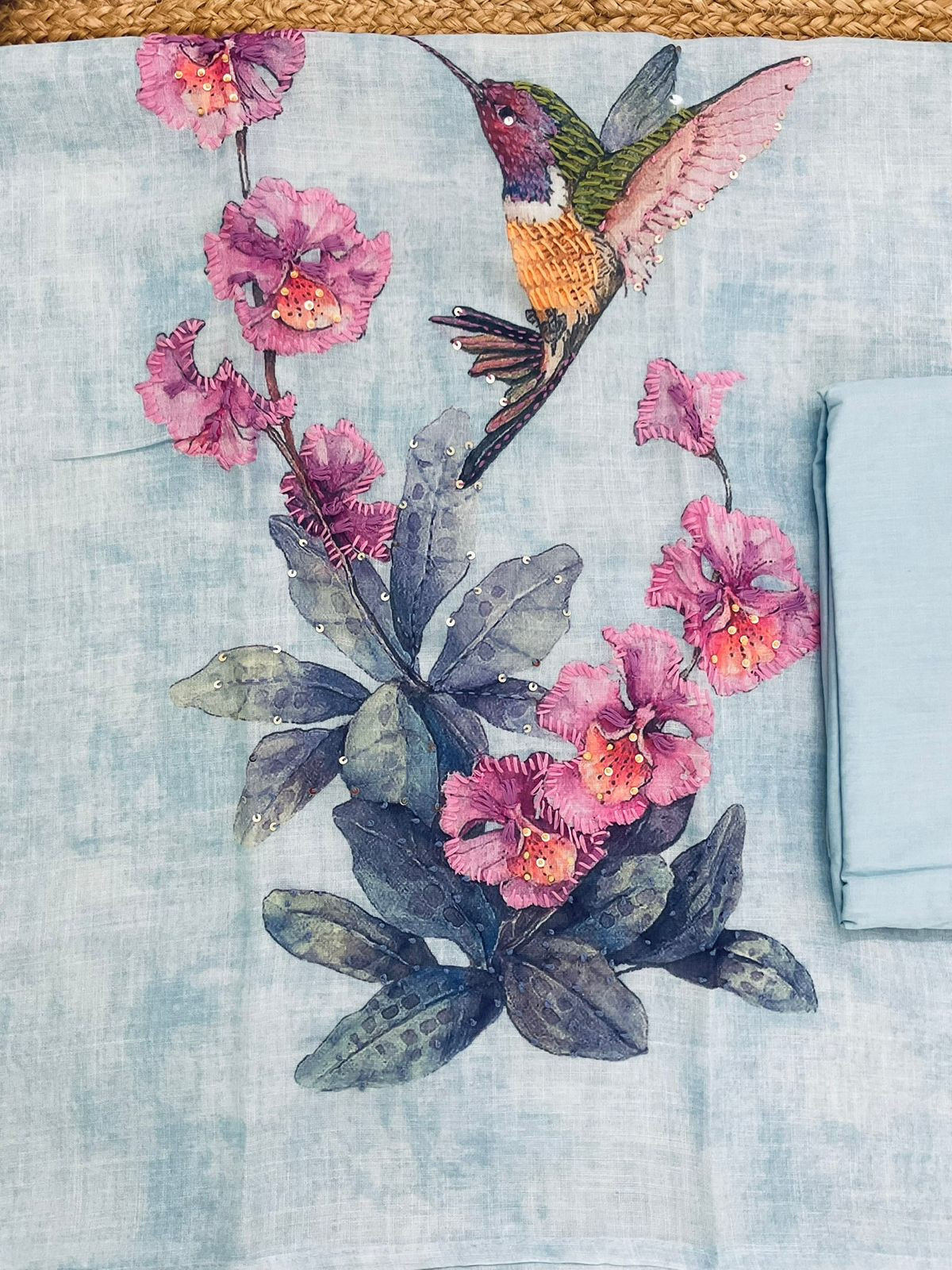 Soft Tissue Slub Cotton Printed Embroidered Suit - Blue